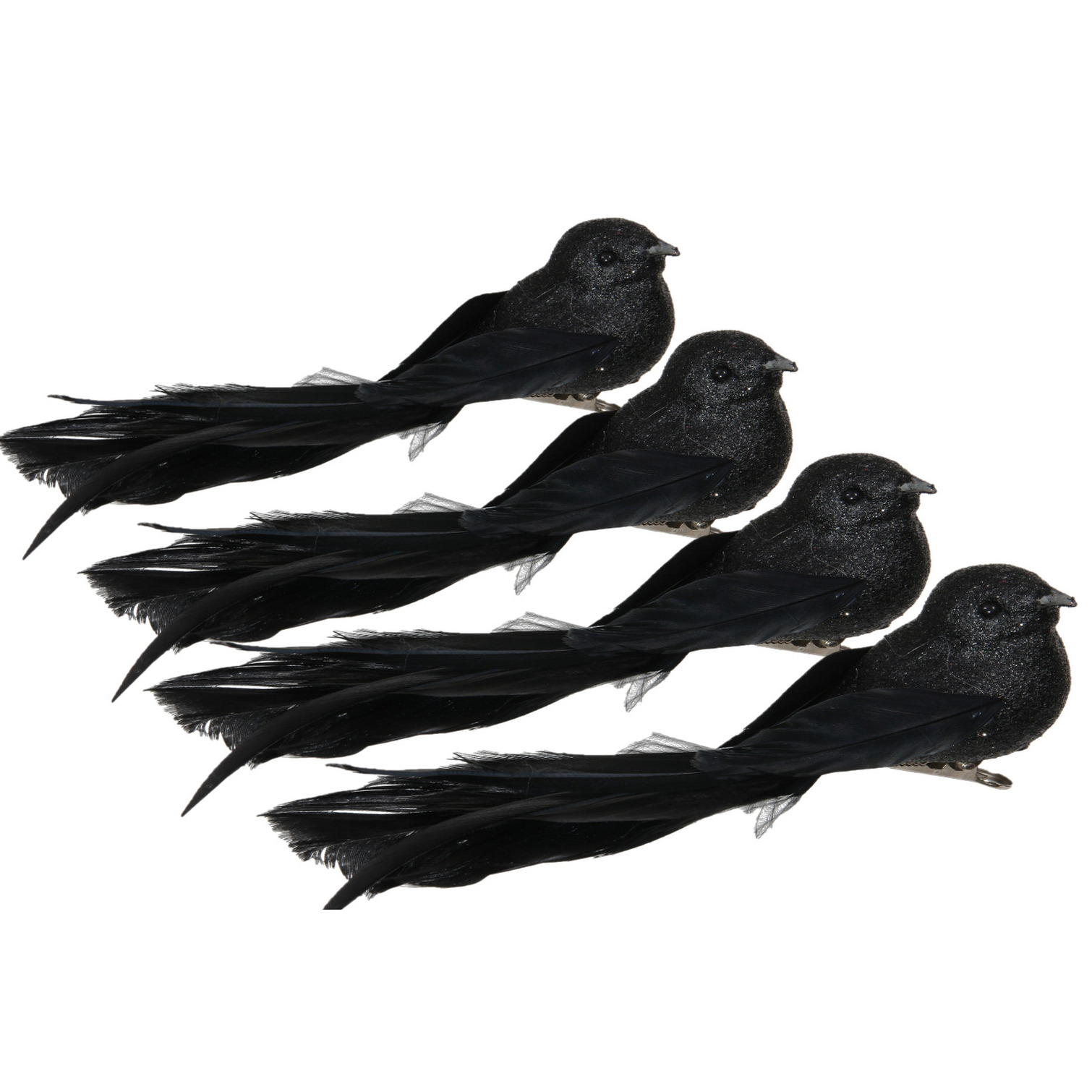 Vogels op clip - 4x st - zwart - 16 x 4 cm - kunststof - kerstboomversiering -