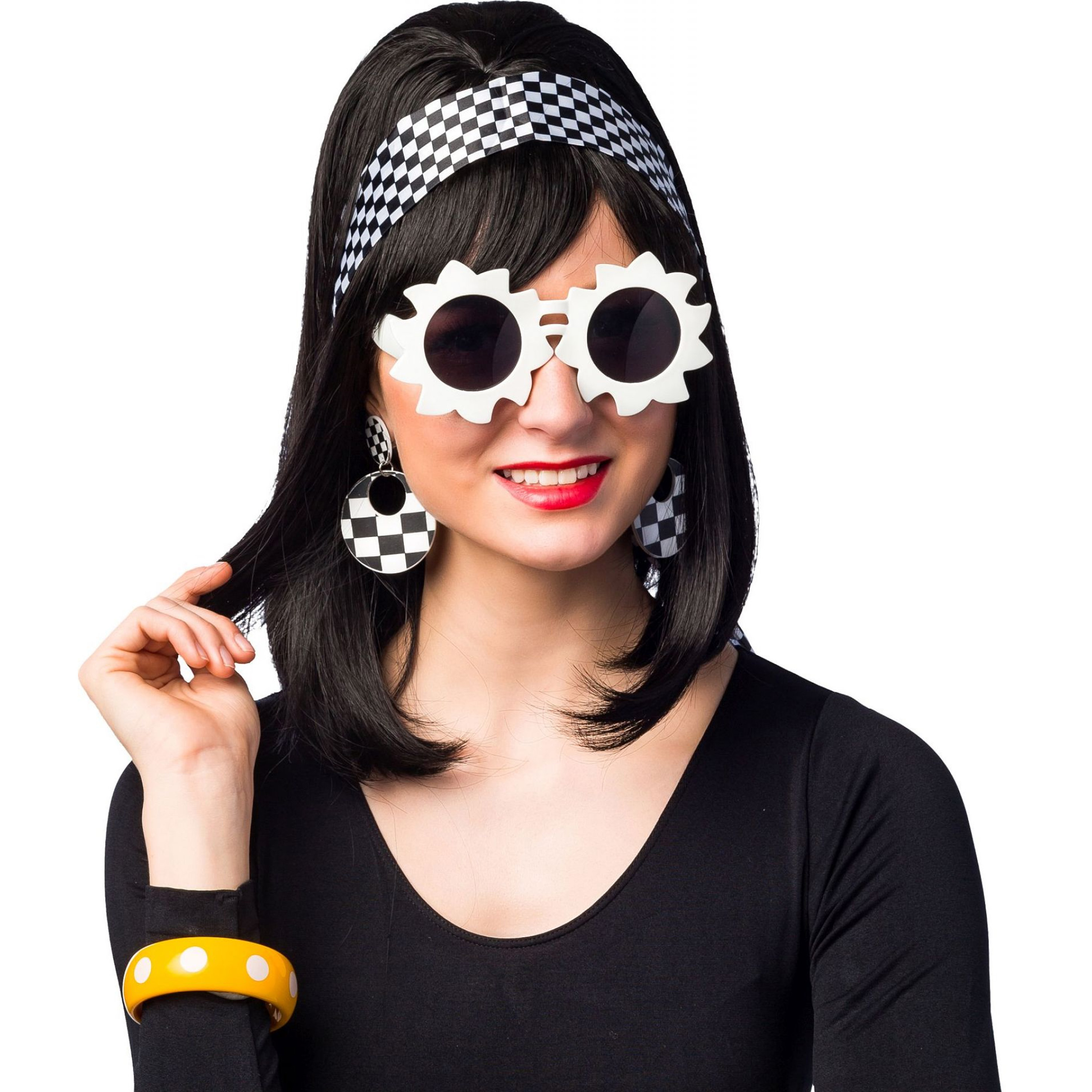 Carnaval verkleed jaren 60 setje - zwart/wit - dames - hippie/flower power - Brigitte Bardot ruitjes -
