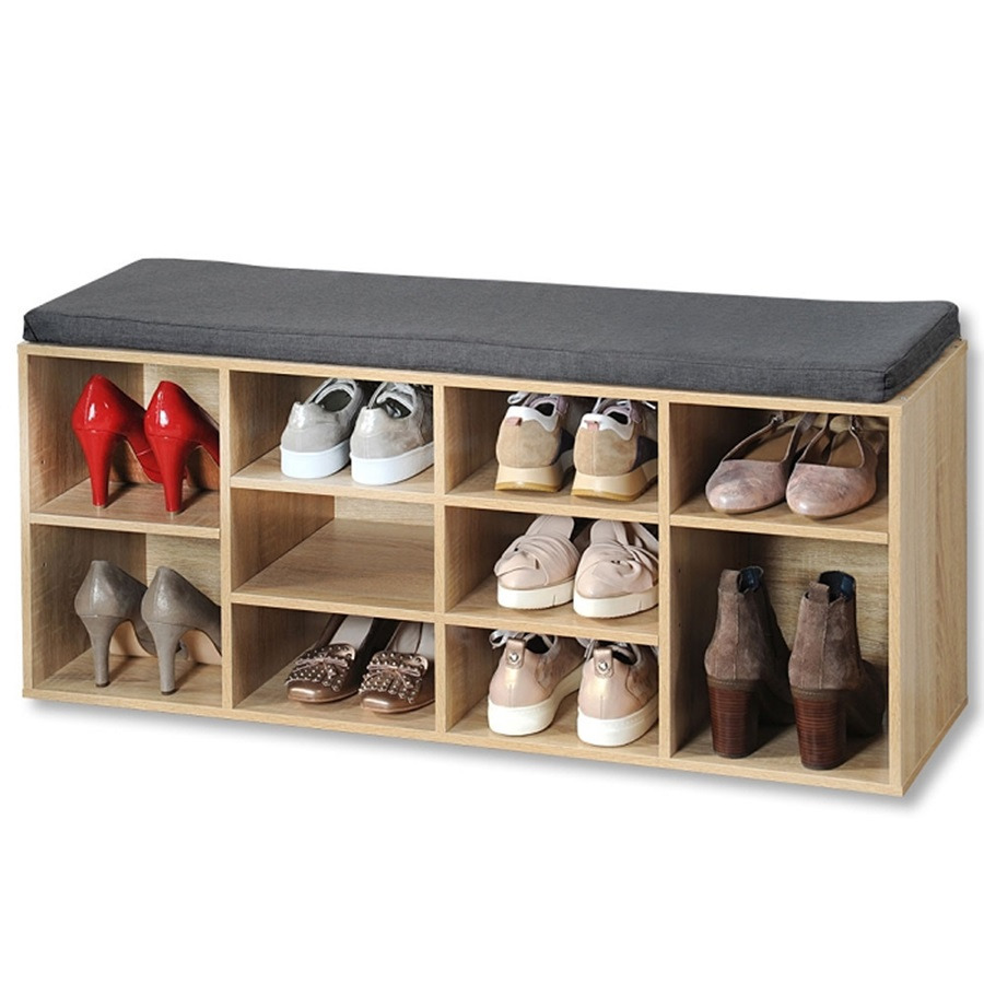 Schoenenrek/schoenenkast met zitvlak - naturel - 10 paar schoenen - hout - L103 x B30 x H48 cm -