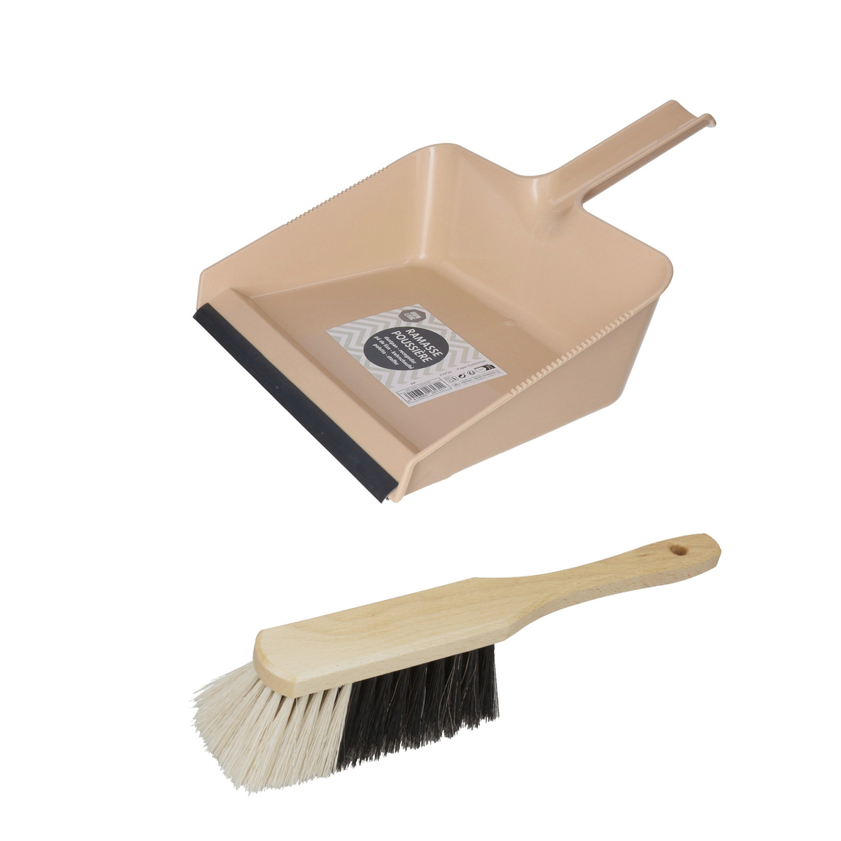 Stoffer en blik set Freya - blik kunststof - beige - 38 x 30 cm - borstel hout 30 cm -