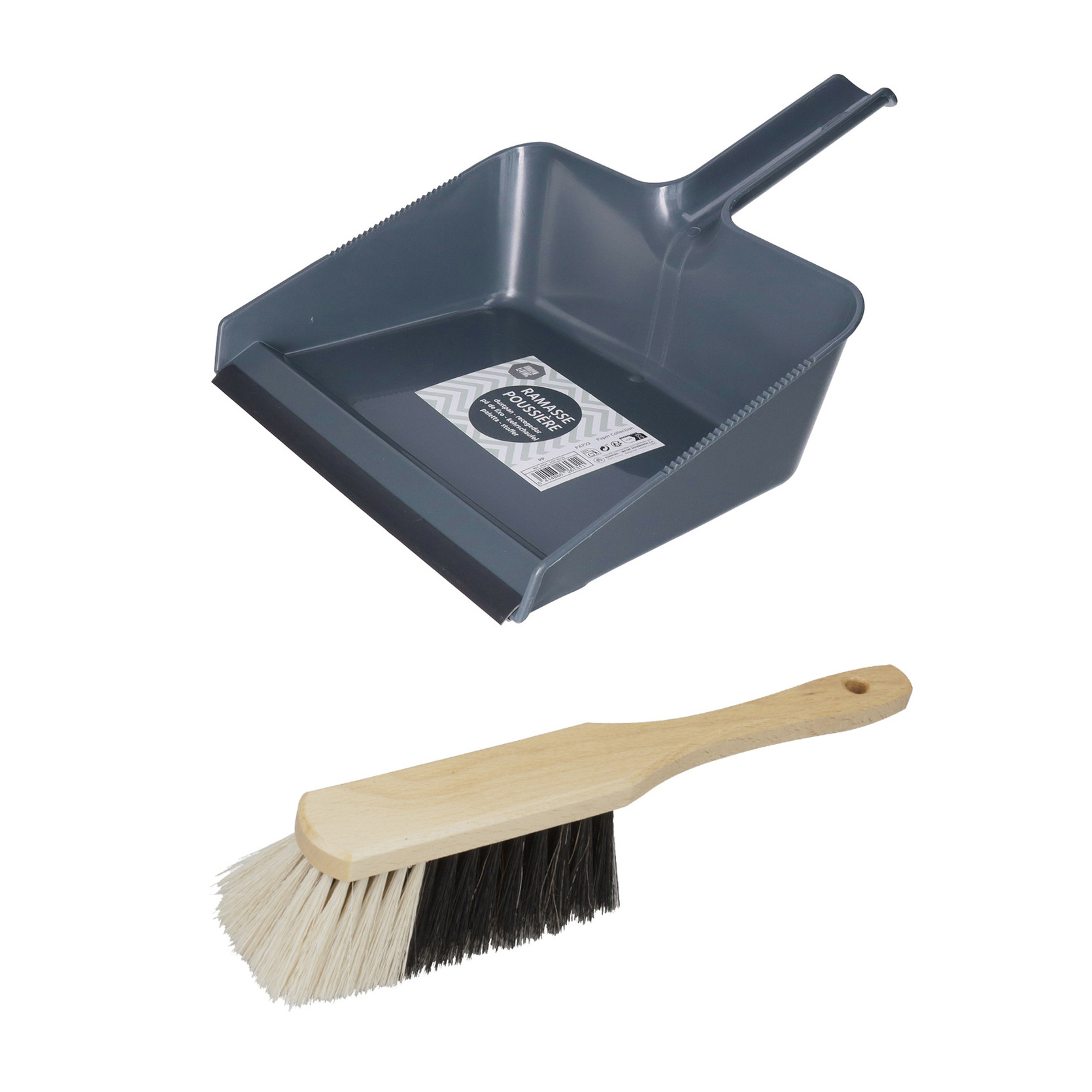 Stoffer en blik set Freya - blik kunststof - donkerblauw - 38 x 30 cm - borstel hout 30 cm -
