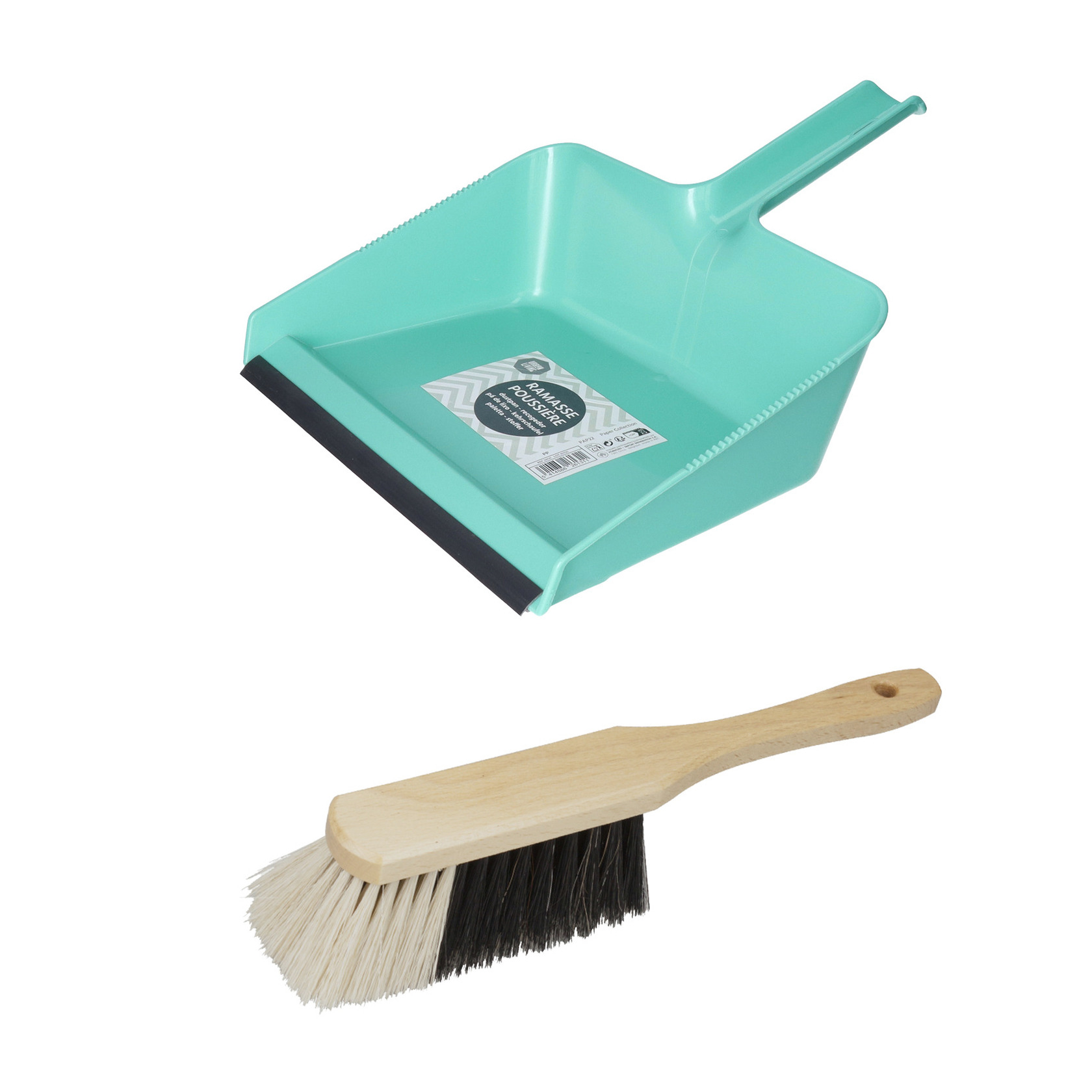Stoffer en blik set Freya - blik kunststof - mintgroen - 38 x 30 cm - borstel hout 30 cm -