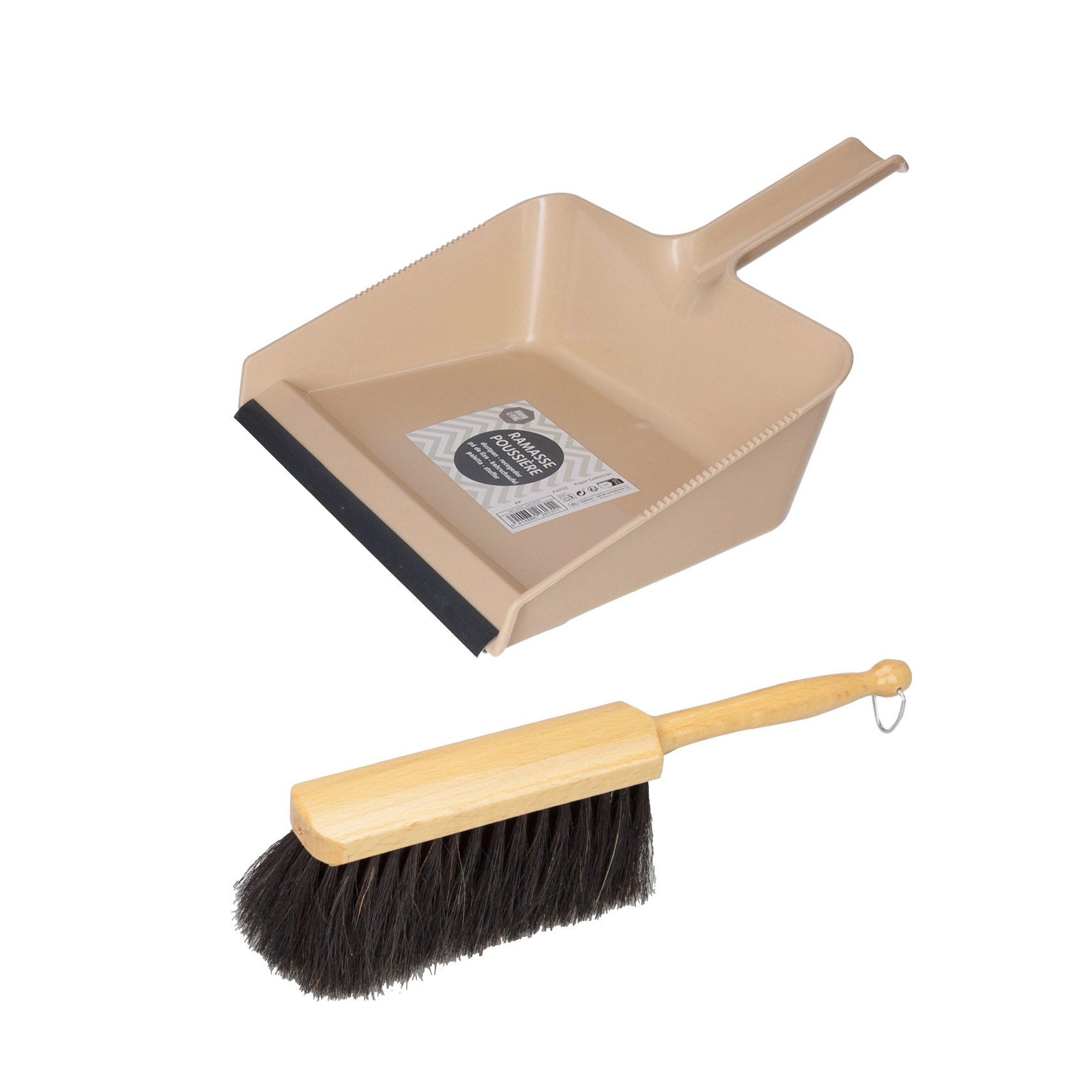 Stoffer en Blik set Nora - blik kunststof - beige - 38 x 30 cm - borstel hout 30 cm -