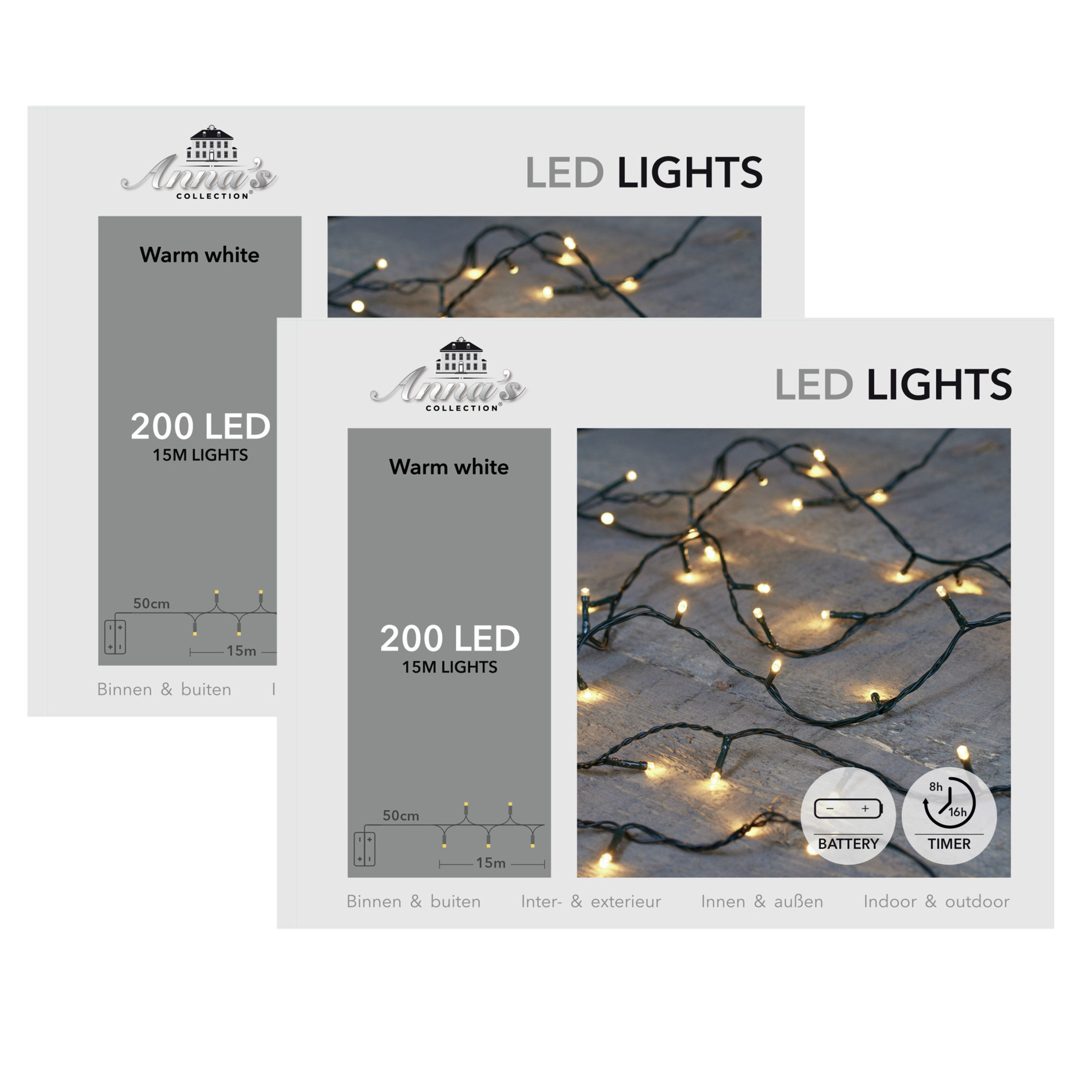 Kerstverlichting - 2x st- warm wit - 1500 cm - 200 led lampjes - zwart snoer - op batterijen -