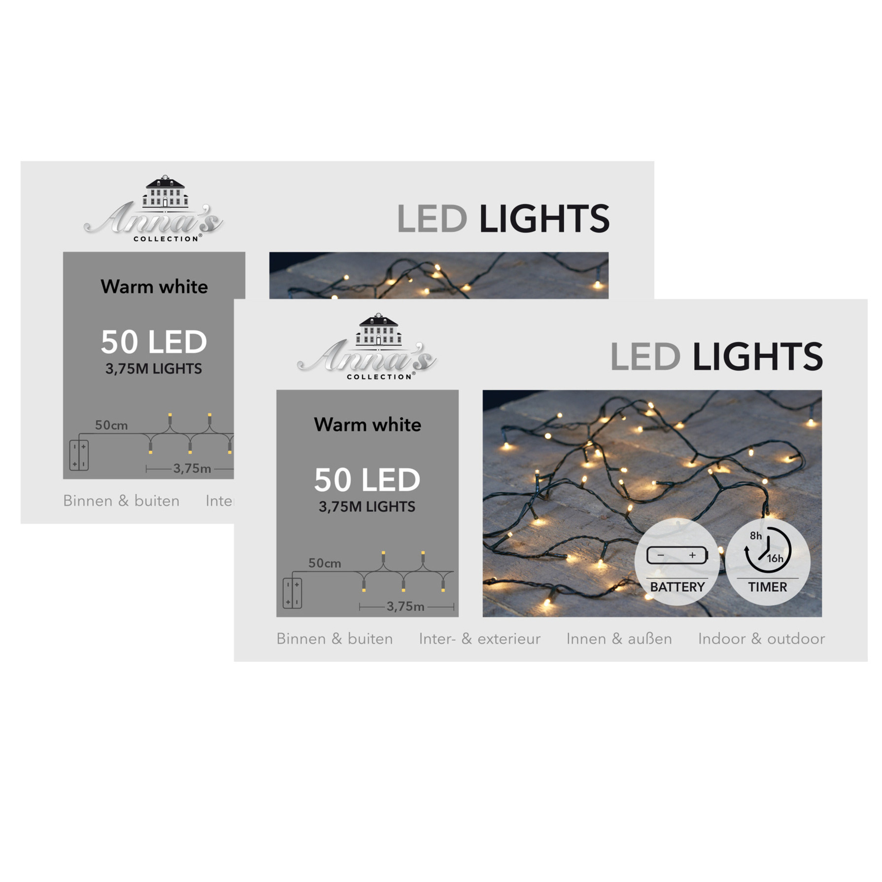 Kerstverlichting - 2x st- warm wit - 375 cm - 50 led lampjes - zwart snoer - op batterijen -