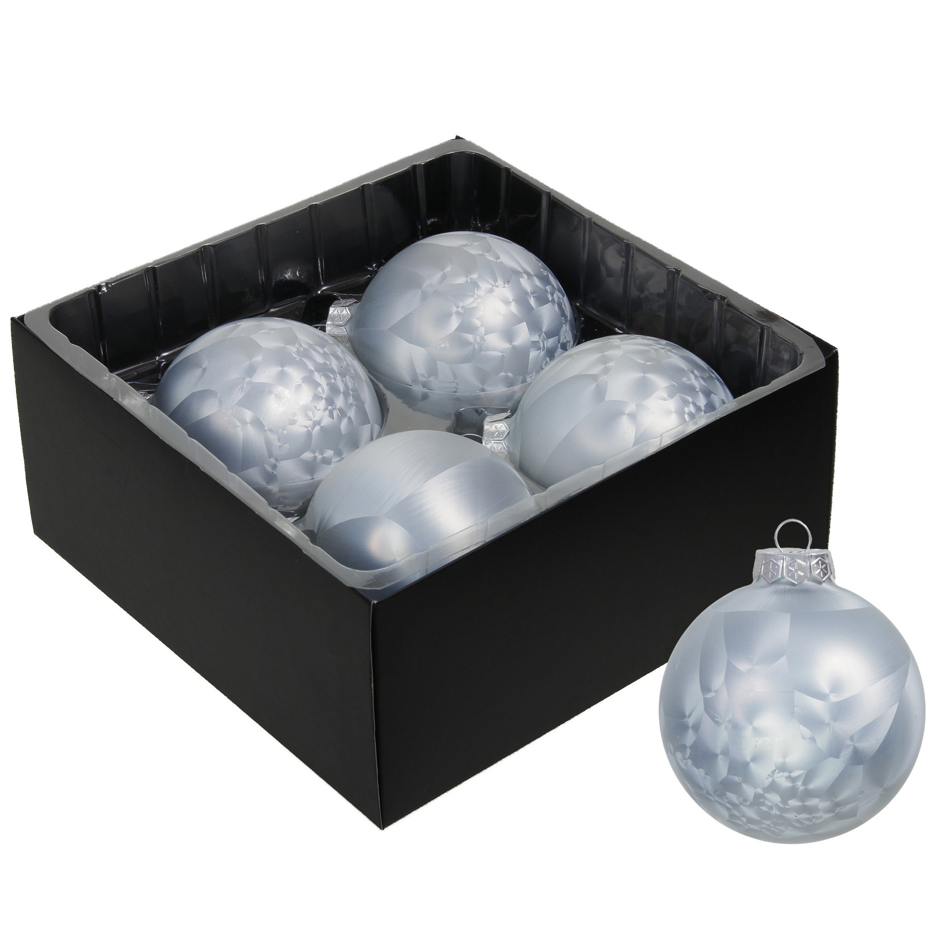Luxe kerstballen - 4x stuks - 8 cm - wit/grijs - glas - ice finish - kerstversiering -