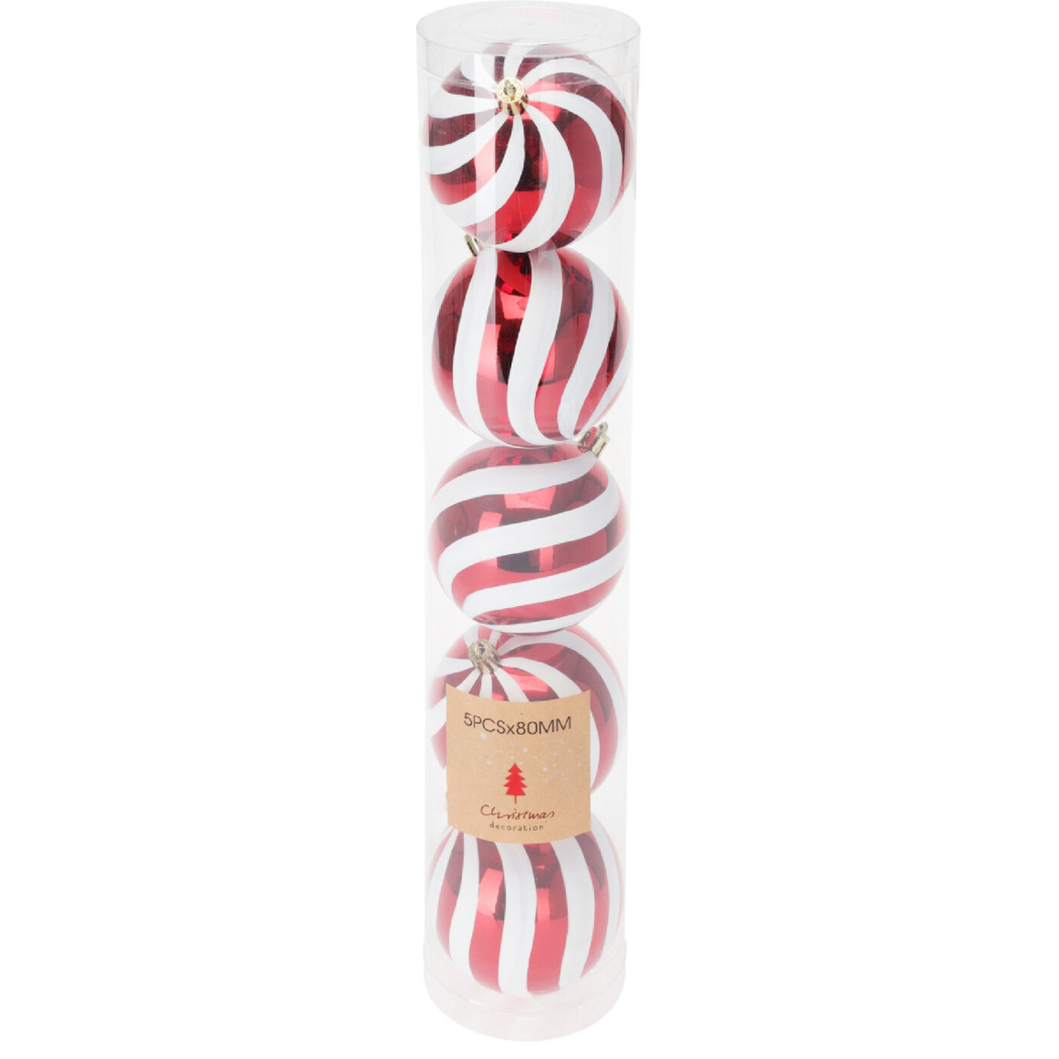 Kerstballen - 5x stuks - 8 cm - rood/wit - strepen - kunststof - kerstversiering -