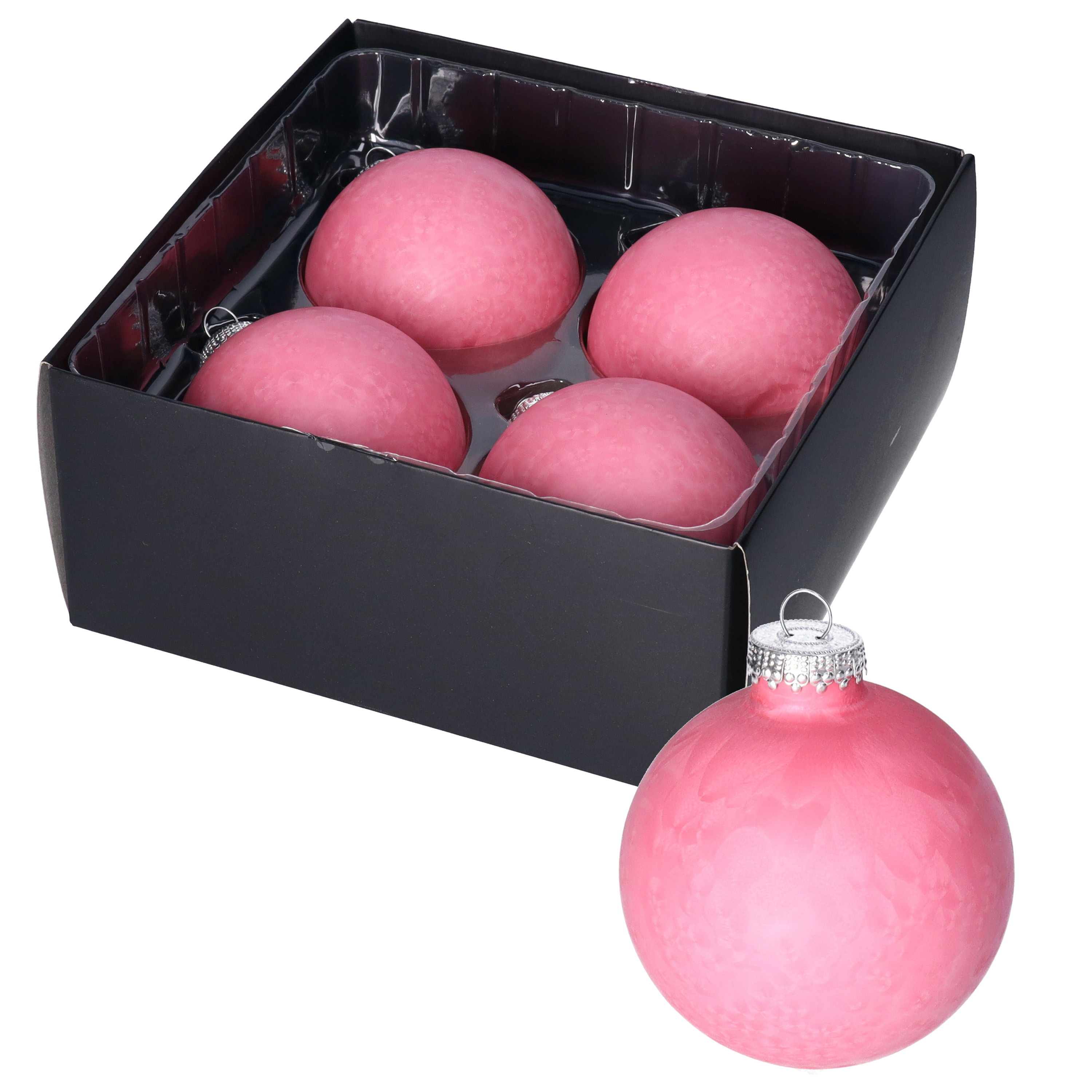 Luxe kerstballen - 4x stuks - 8 cm - roze - glas - ice finish - kerstversiering -