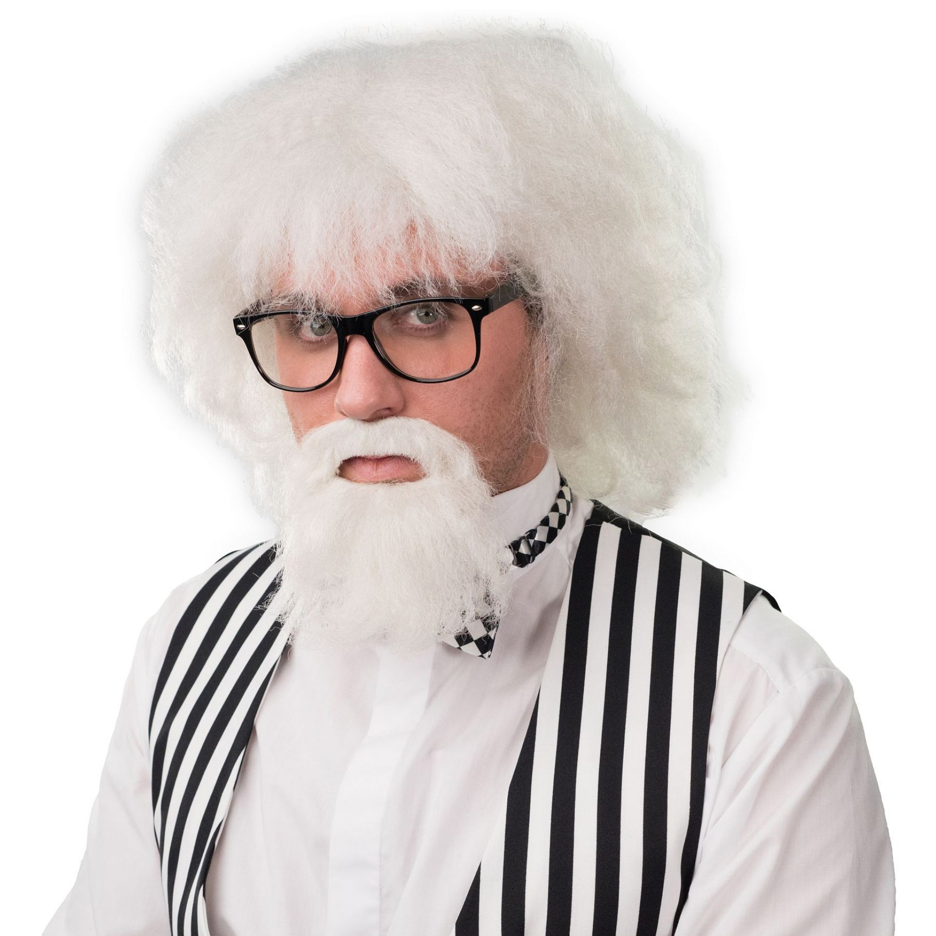 Verkleedpruik met bril voor heren - wit - Professor/oude man - Carnaval - half lang warrig haar -