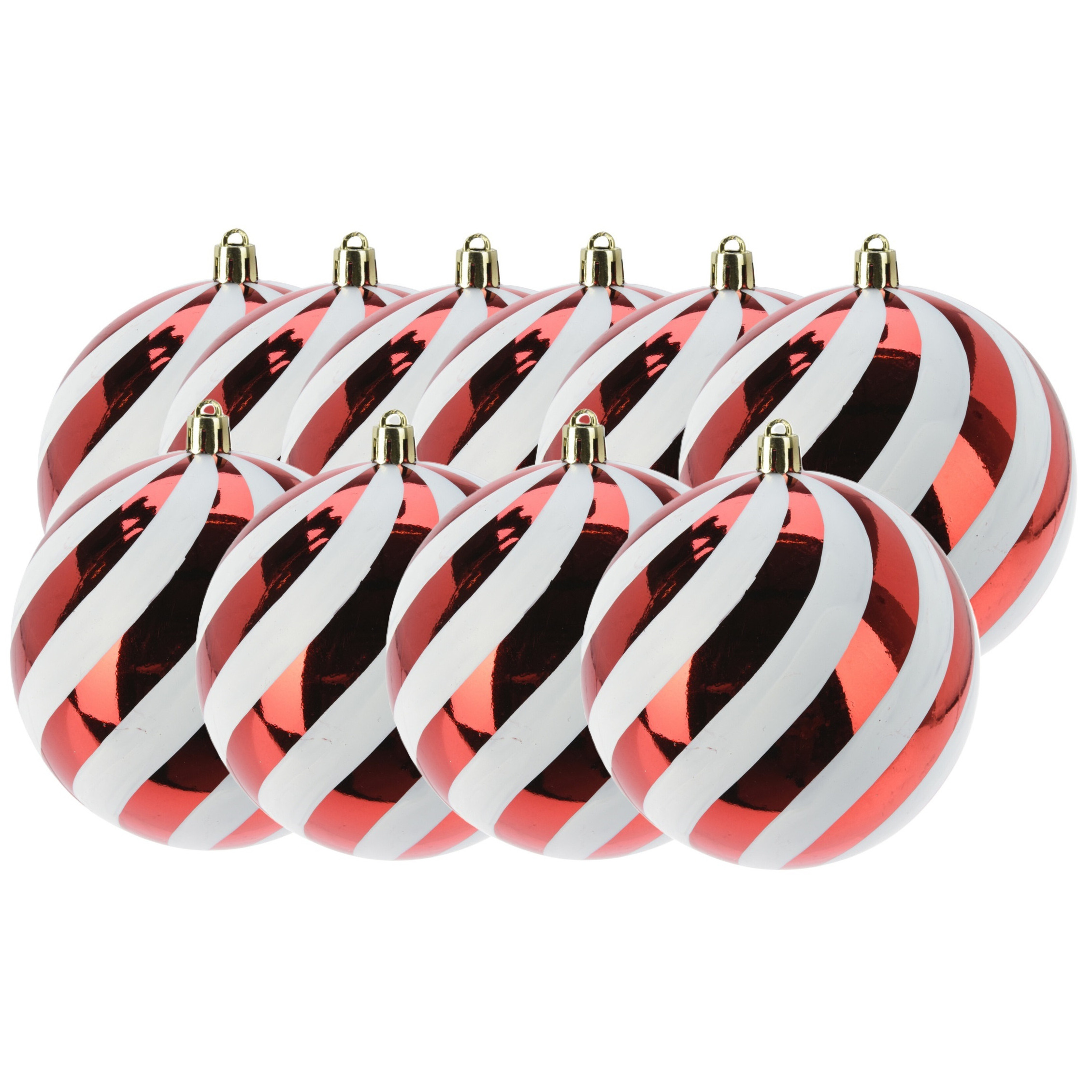 Grote kerstballen - 10x stuks - 10 cm - rood/wit - strepen - kunststof - kerstversiering -