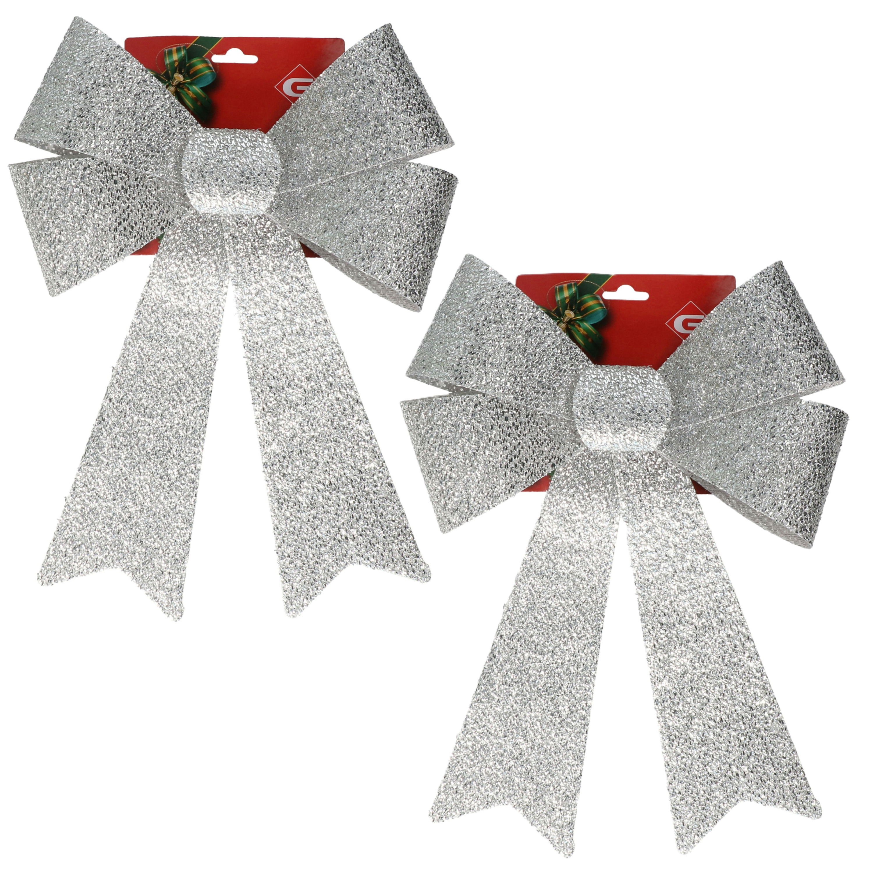 Grote decoratie strikken - 2x - 42 cm - zilver - glitter - kunststof - kerststrikken -