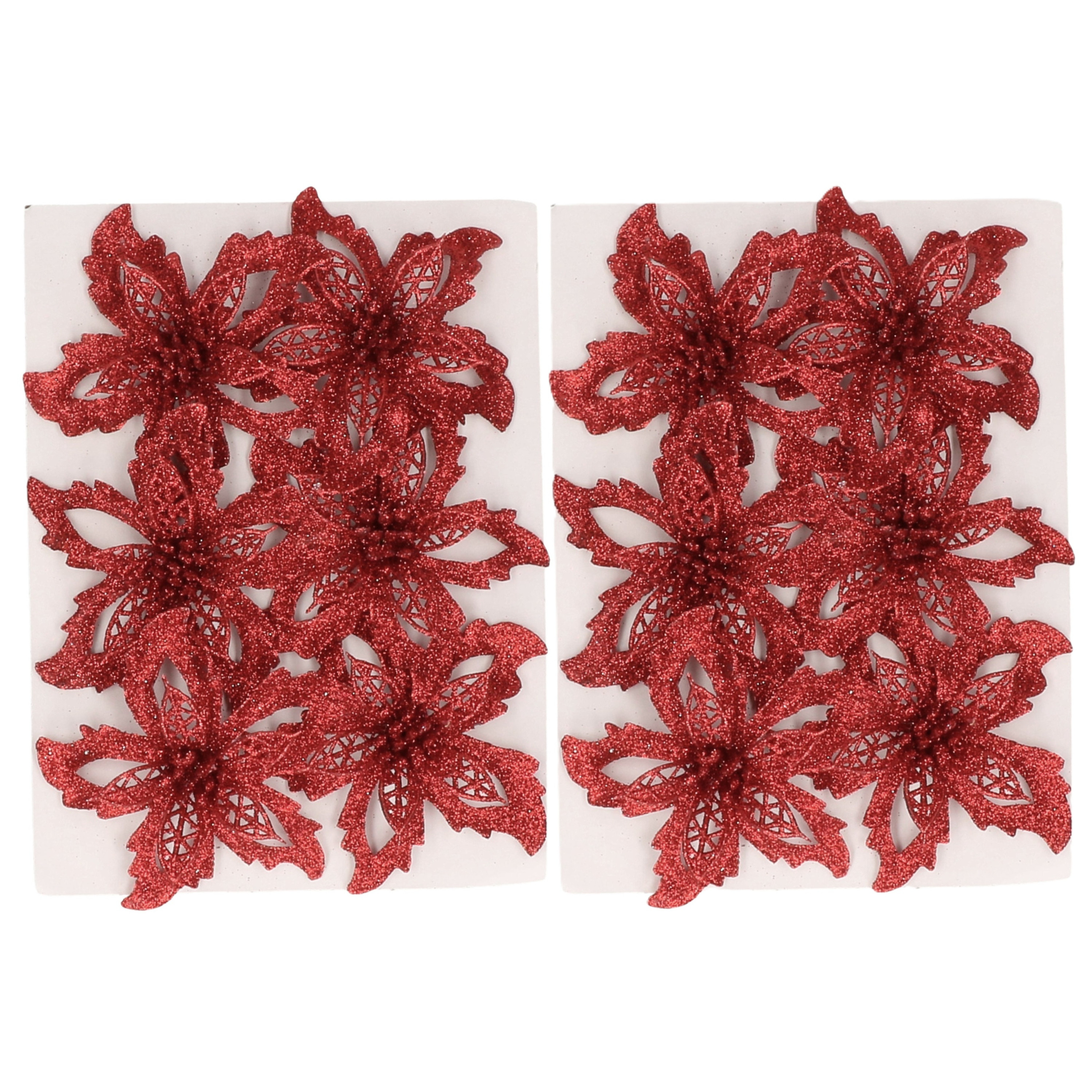 Kerstboom bloemen op clip - 12x st - rood -glitter - 8 cm - polyester - roos -