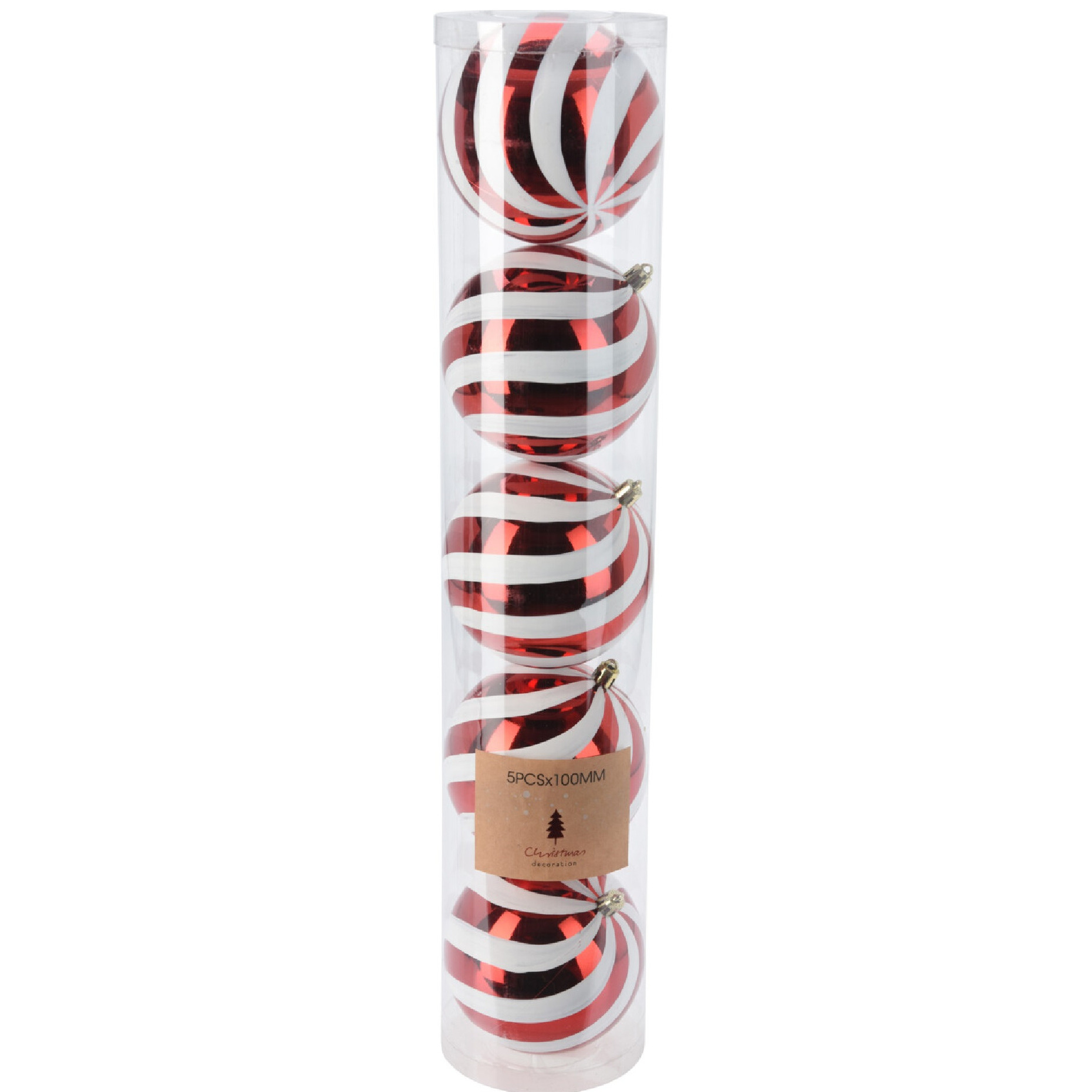 Grote kerstballen - 5x stuks - 10 cm - rood/wit - strepen - kunststof - kerstversiering -