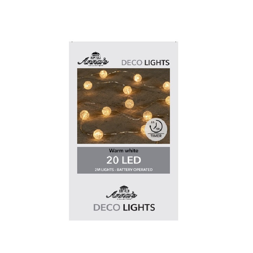Anna's Collection LED Lichtslinger/lichtsnoer - 20 led bolletjes - 200 cm - warm wit - batterijen -