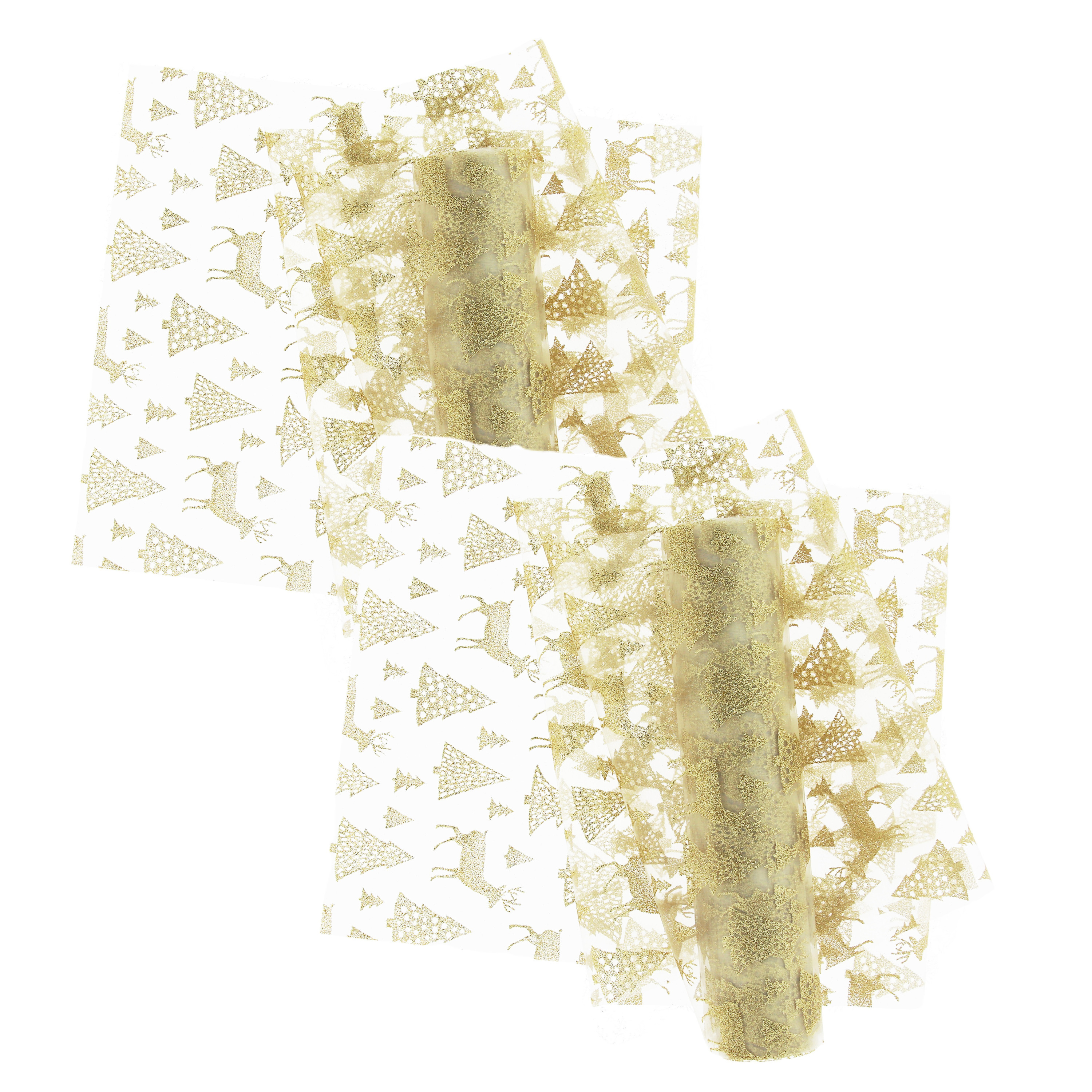 Decoratie stof/tafellopers - 2x st - goud - rendieren en kerstbomen - 300 x 28 cm - polyester -