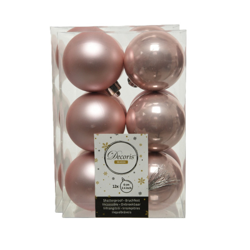 Decoris kerstballen - 24x st - lichtroze - 6 cm - kunststof - kerstversiering -