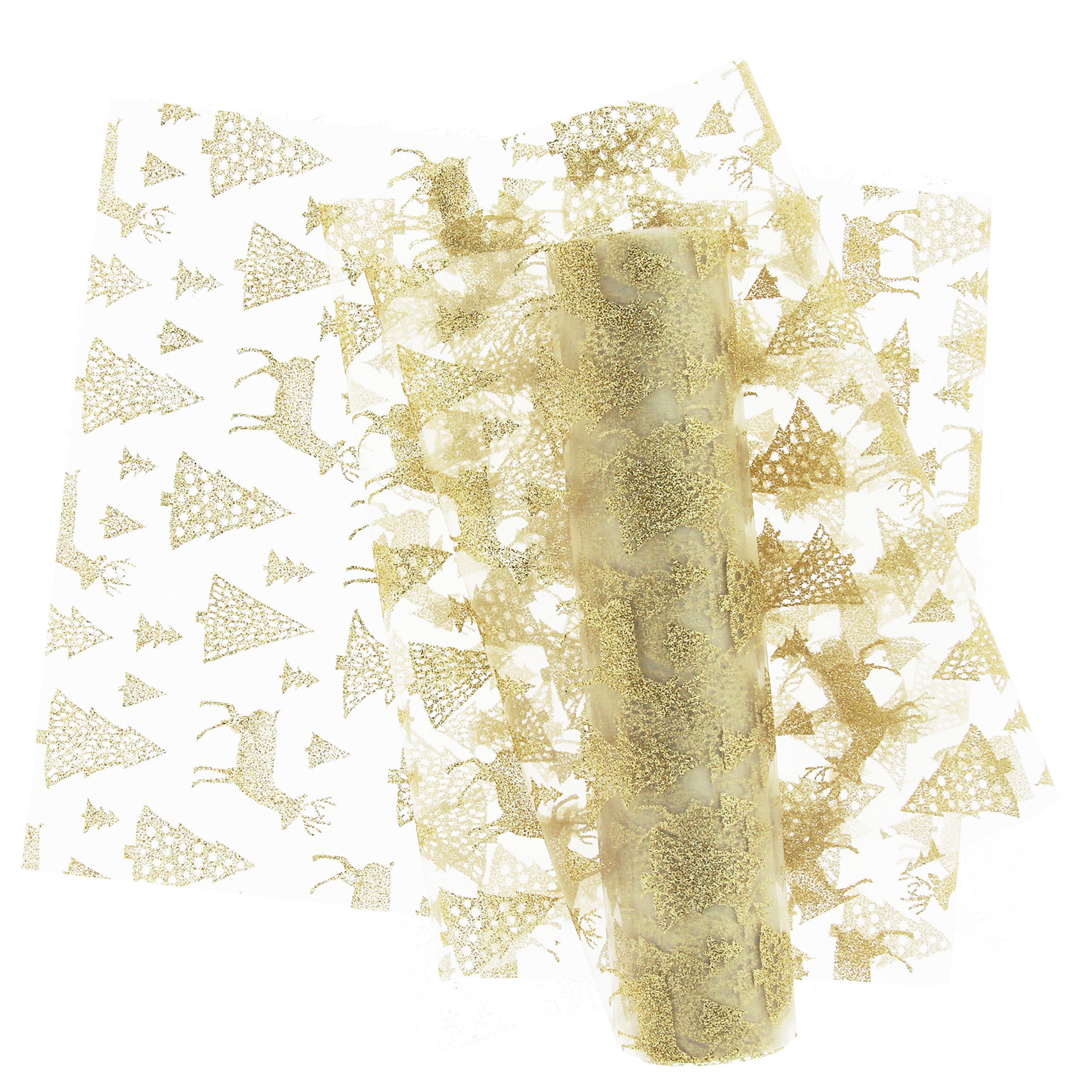 Decoratie stof/tafelloper - goud - rendieren en kerstbomen - 300 x 28 cm - polyester -