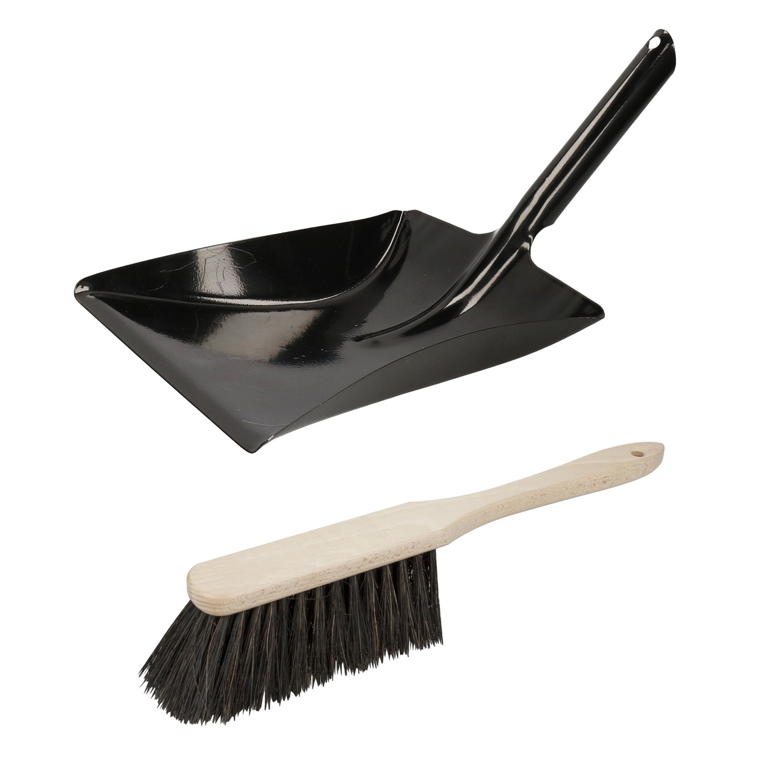 Stoffer en Blik set Vikan - voor buiten - blik van metaal - zwart - 38 x 23 cm - borstel hout 38 cm -