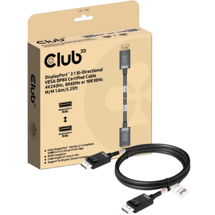 Club 3D DisplayPort 2.1 Bi-Directional VESA DP80 Certified kabel 4K 240 Hz kabel 1,6 meter