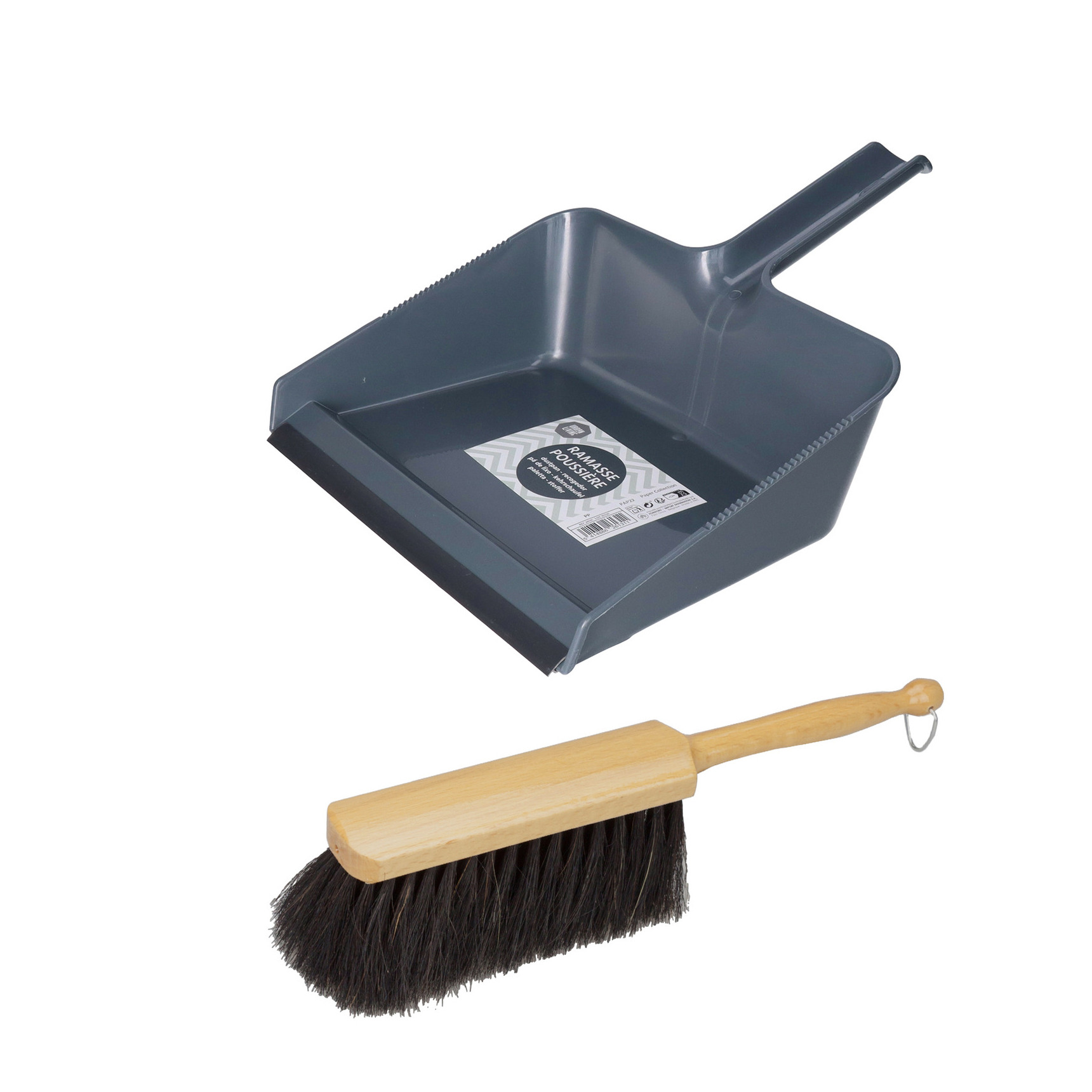 Stoffer en Blik set Nora - blik kunststof - donkerblauw - 38 x 30 cm - borstel hout 30 cm -
