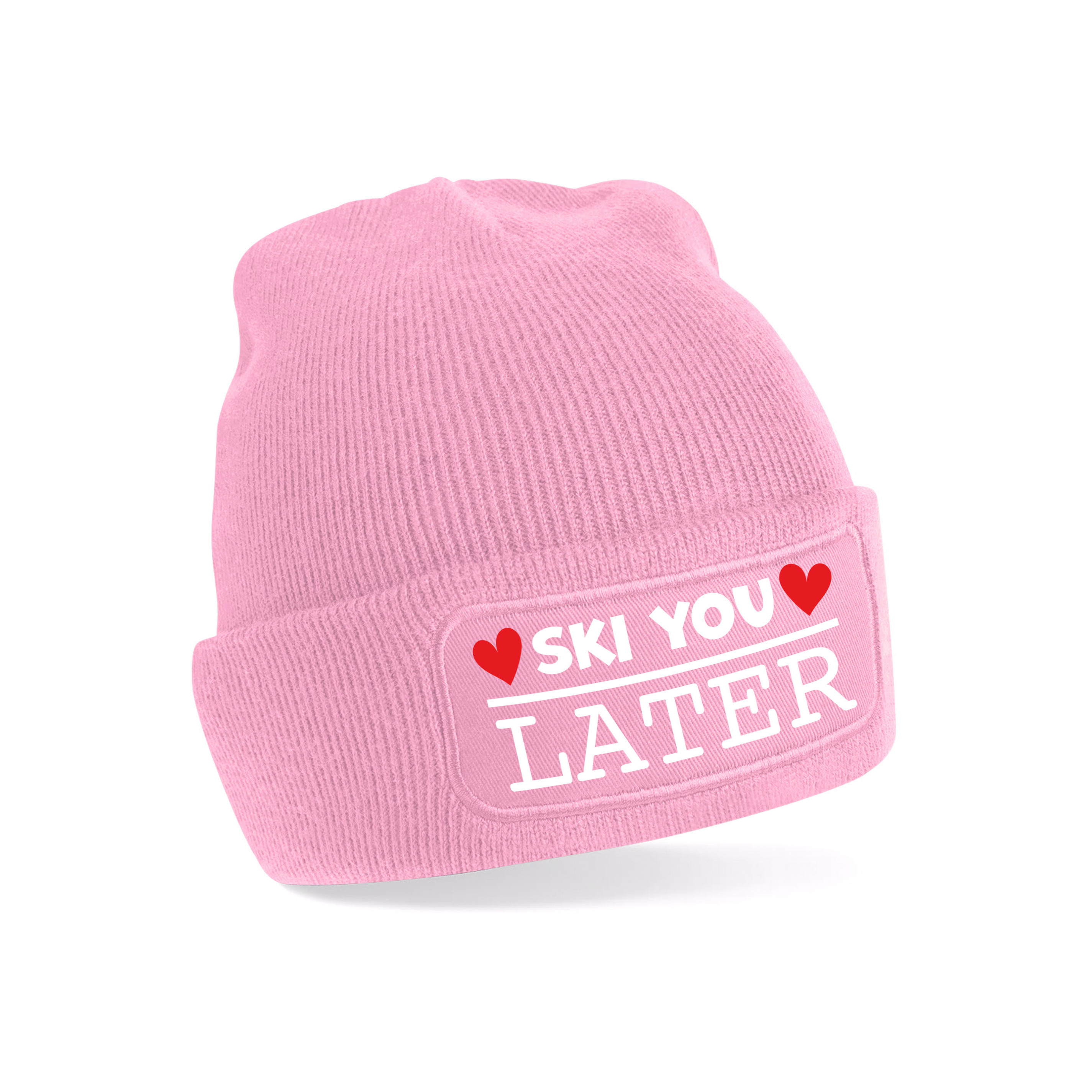Wintersport muts voor volwassenen - ski you later - roze - one size - Apres ski beanie One size -