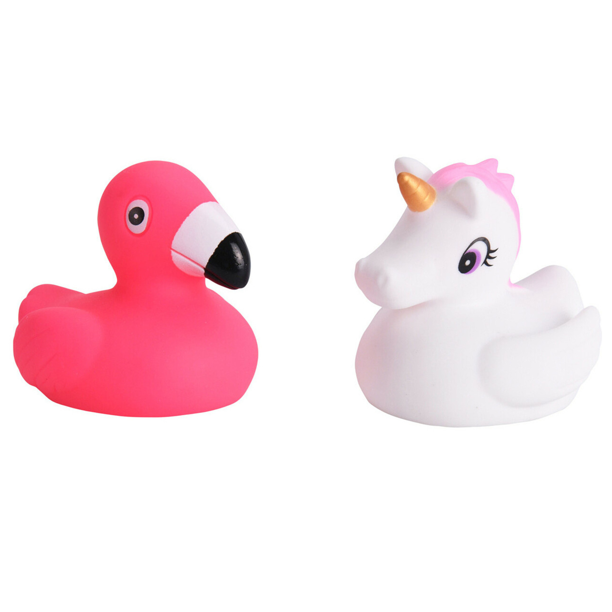 Badeendjes set - eenhoorn en flamingos - rubber - 10 stuks - wit en roze - 5 cm - bad speelgoed -