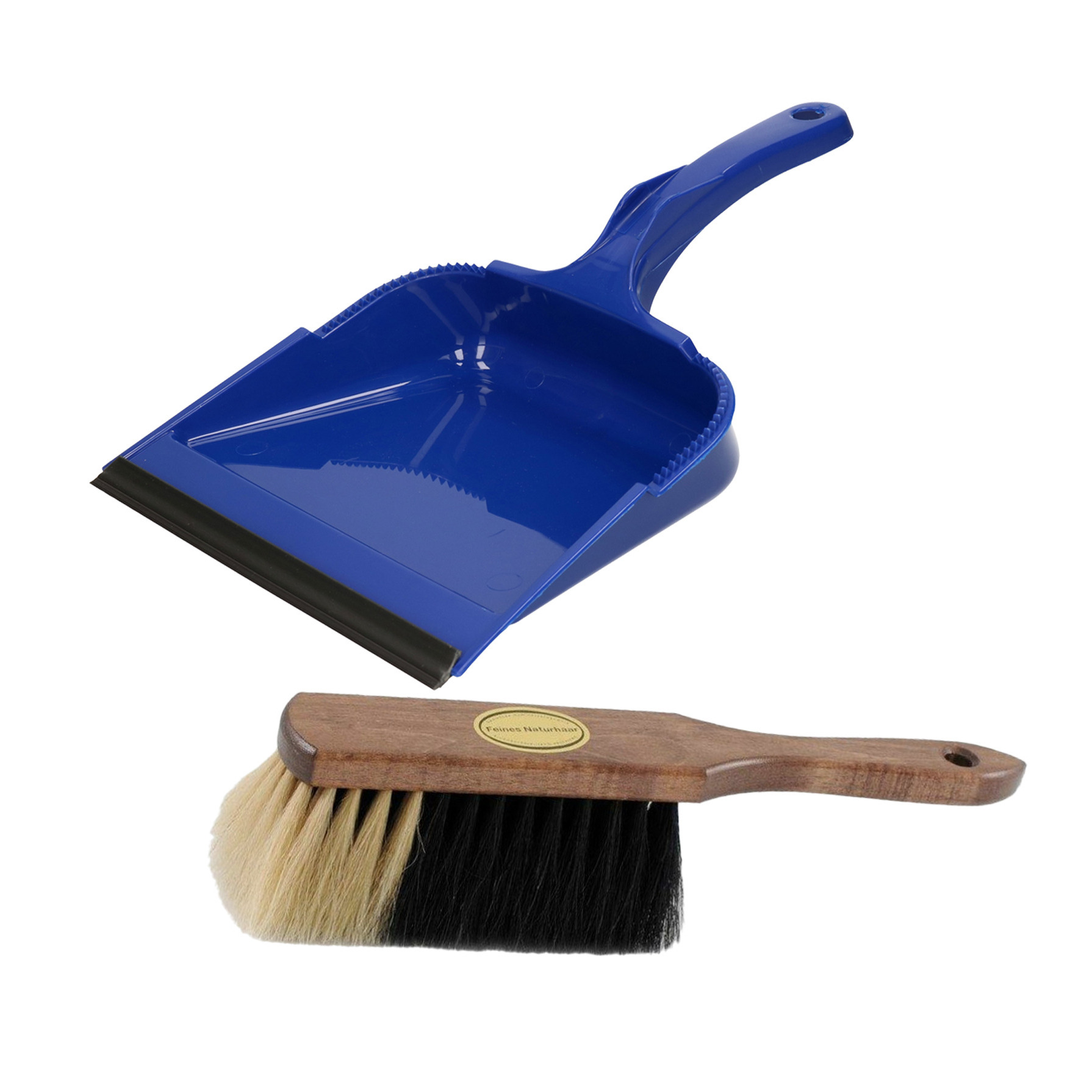 Stoffer en blik set - Vienna - blik kunststof blauw 35 x 23 cm - borstel zacht paardenhaar 29 cm -