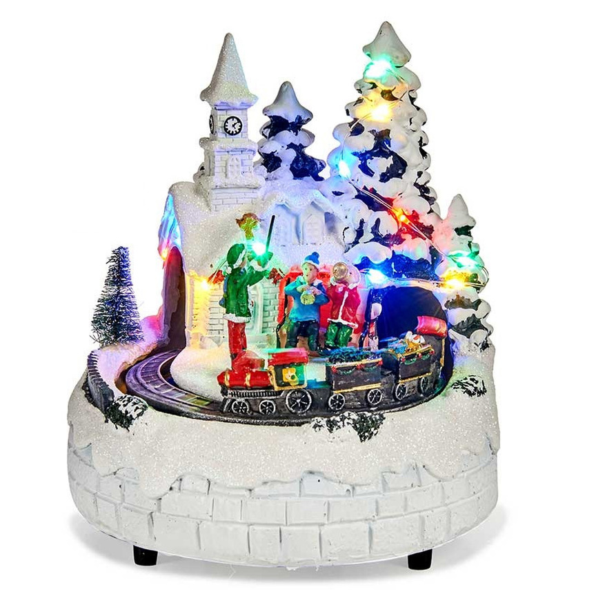 Kerstdorp kerst tafereel - rijdende trein - met led verlichting en muziek - 19 cm -