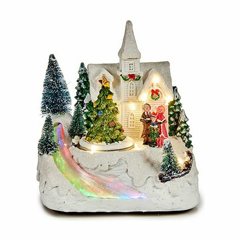 Kerstdorp kerst tafereel - kerk - met draaiende kerstboom - met led licht en muziek -16 cm -