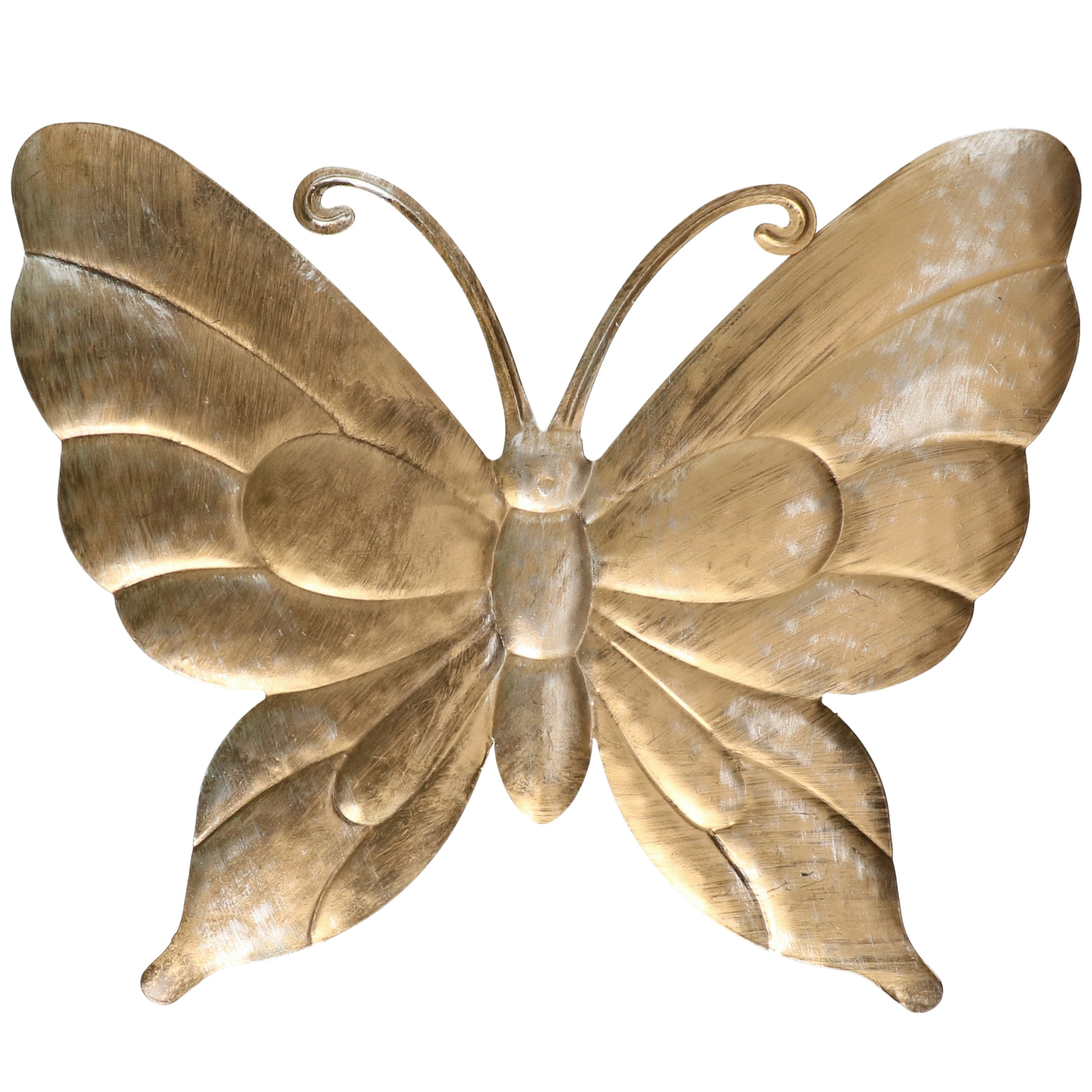 Tuin/schutting decoratie vlinder - goud/zilver - metaal - 38 x 30 cm -
