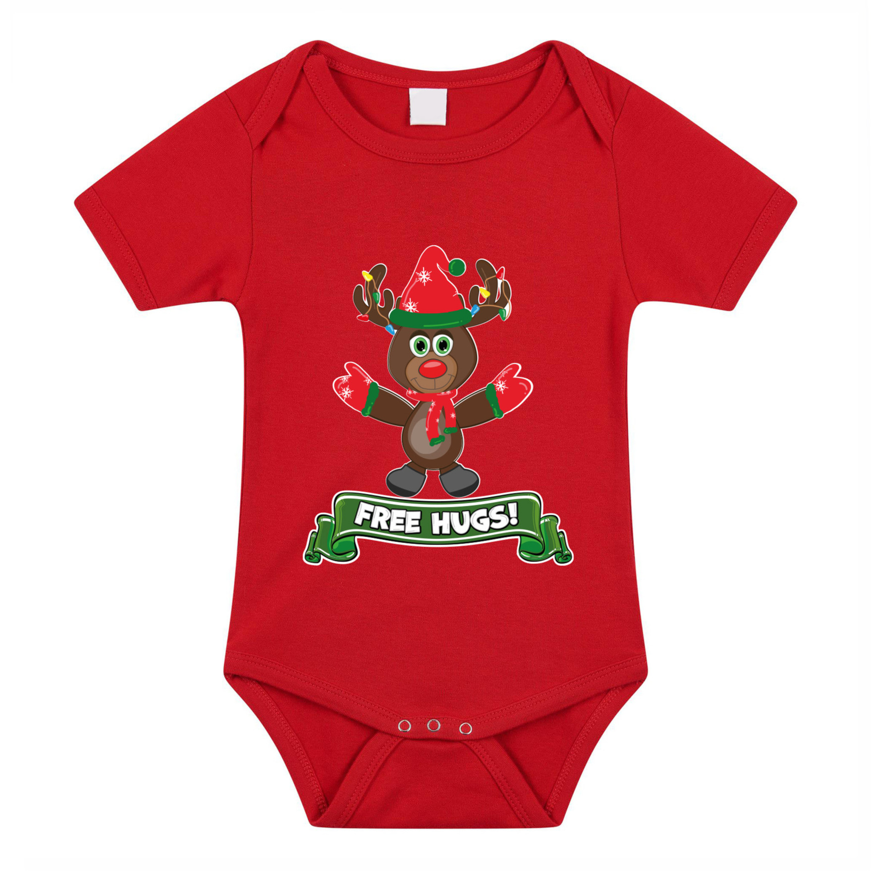 Kerst baby rompertje - rood - rendiertje - free hugs - Kerst cadeau 80 (9-12 maanden) -