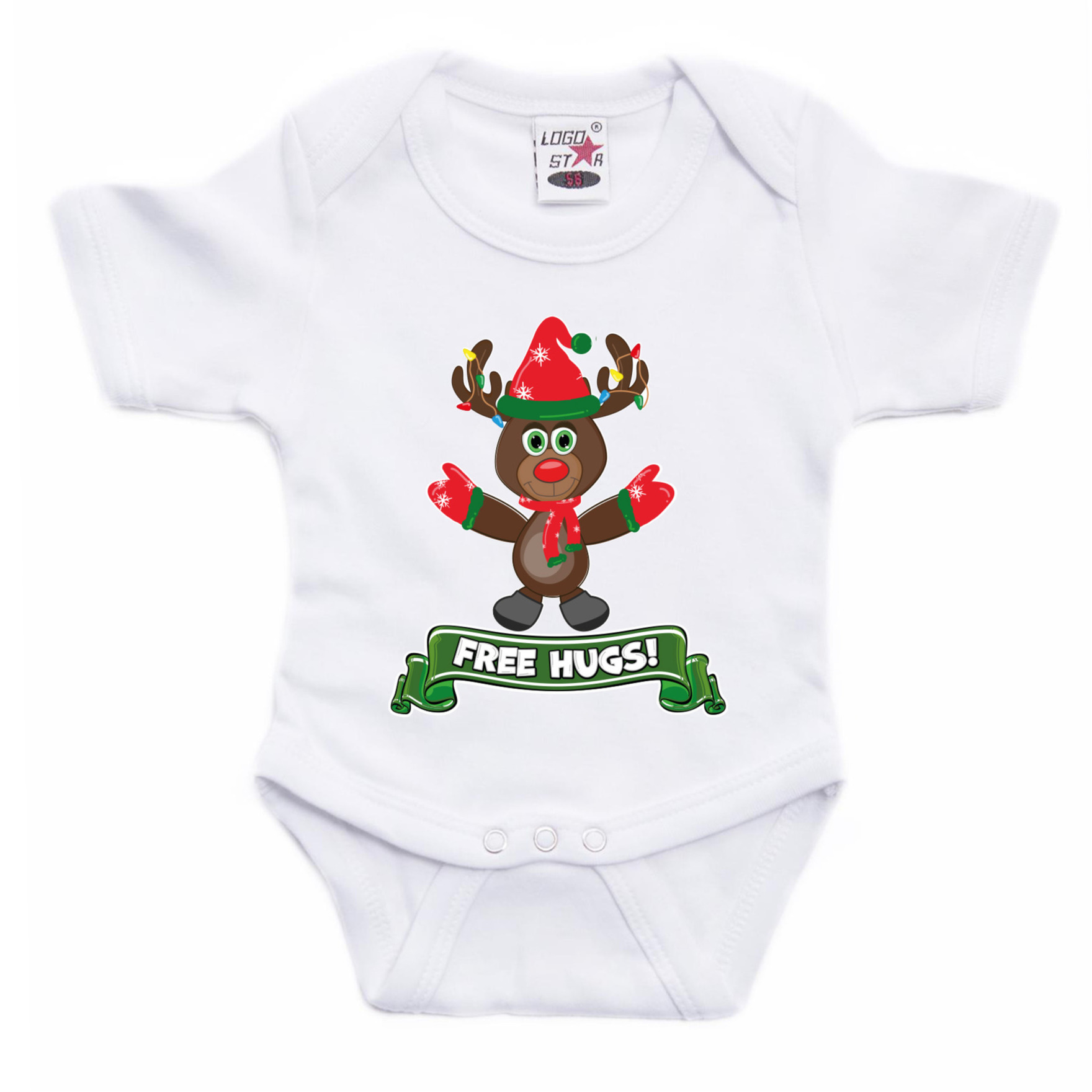 Kerst baby rompertje - wit - rendiertje - free hugs - Kerst cadeau 56 (1-2 maanden) -