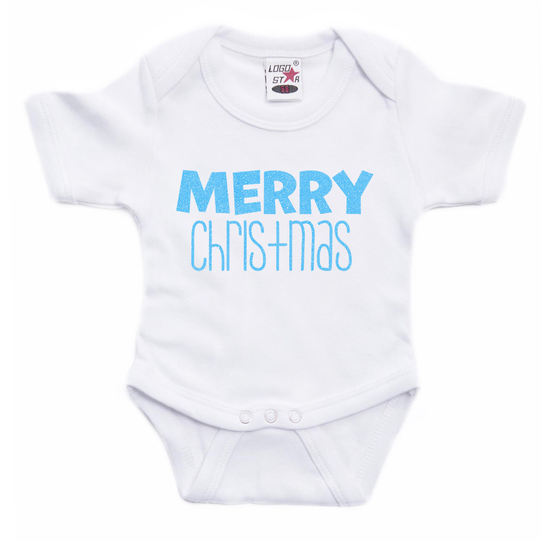 Kerst baby rompertje - wit - glitter blauw - Merry Christmas - Kerst cadeau 92 (18-24 maanden) -