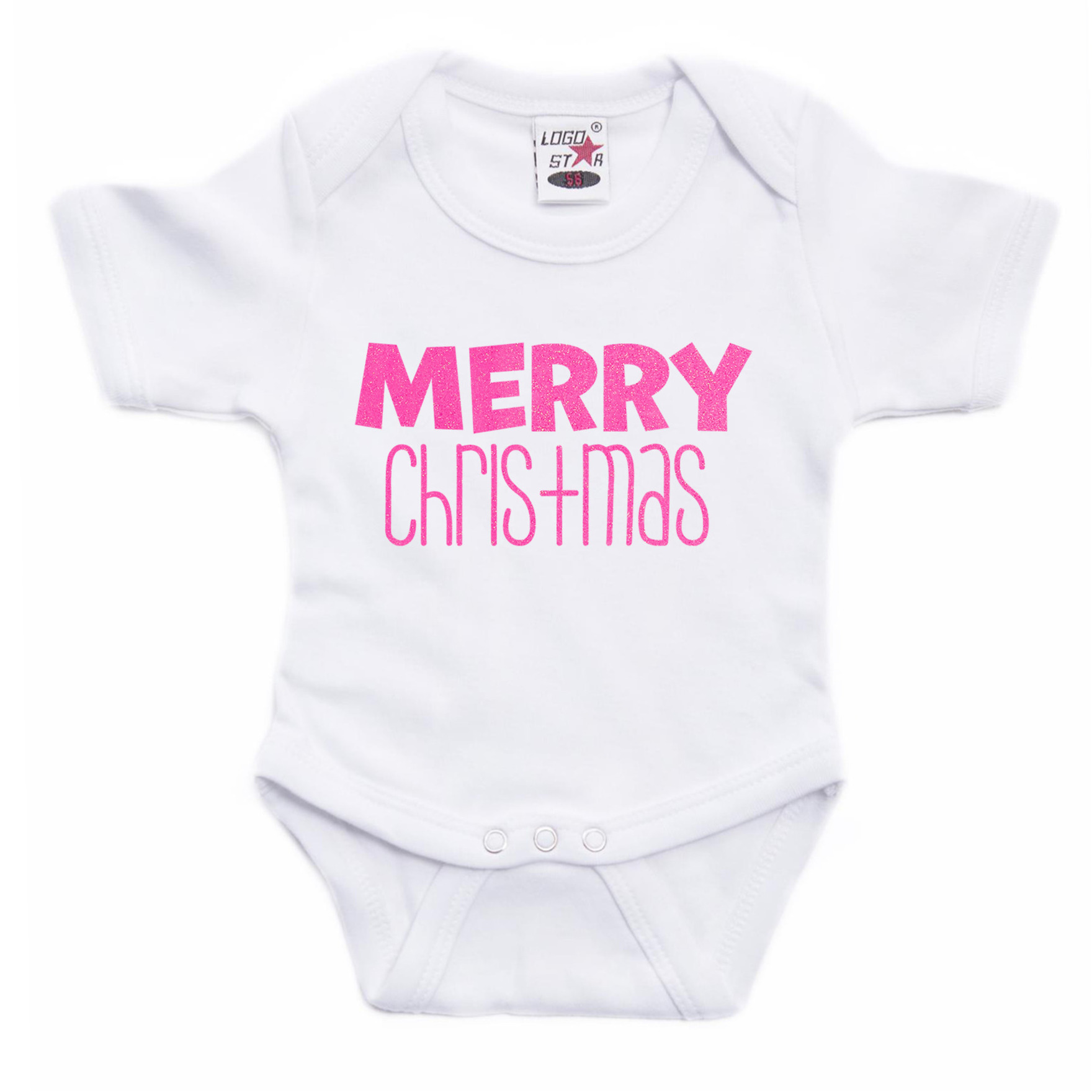 Kerst baby rompertje - wit - glitter roze - Merry Christmas - Kerst cadeau 92 (18-24 maanden) -