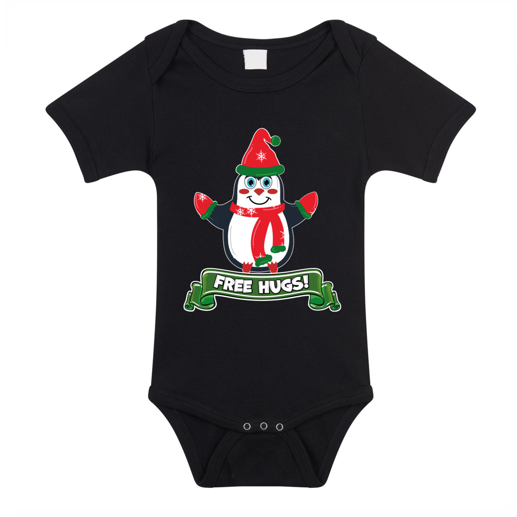 Kerst baby rompertje - zwart - pinguin - free hugs - Kerst cadeau 68 (4-6 maanden) -