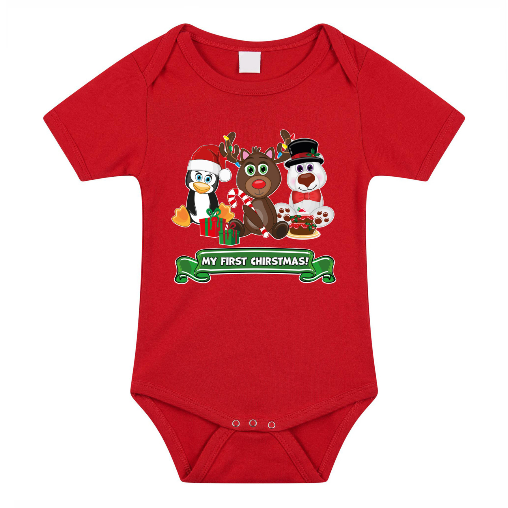 Kerst baby rompertje - rood - diertjes - my first Christmas - Kerst cadeau 56 (1-2 maanden) -