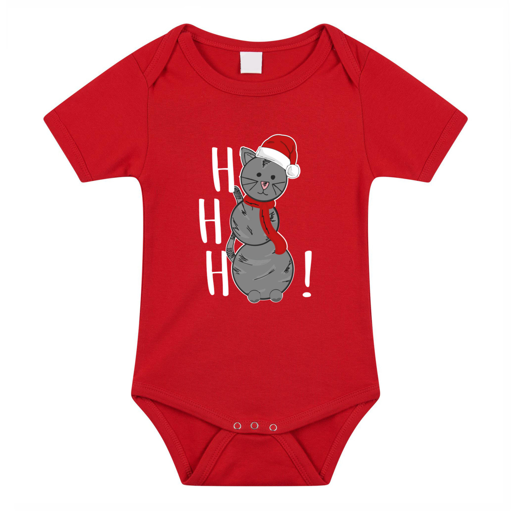 Kerst baby rompertje - rood - sneeuwpop kat- hohoho - Kerst cadeau 56 (1-2 maanden) -