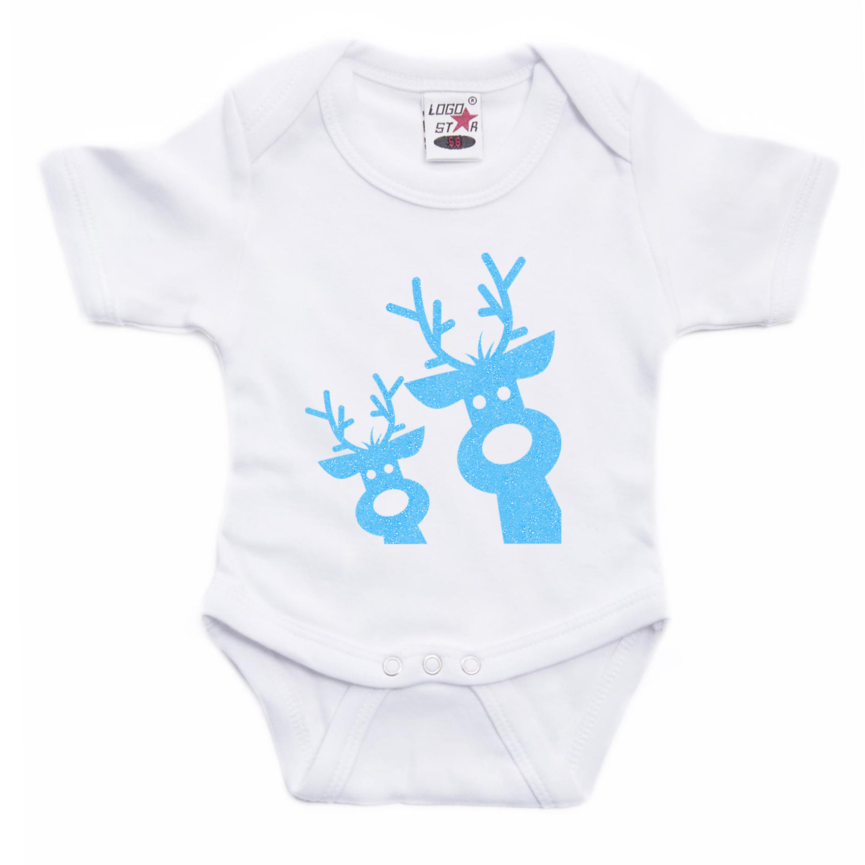 Kerst baby rompertje - wit - glitter blauw - rendier - Kerst cadeau 56 (1-2 maanden) -