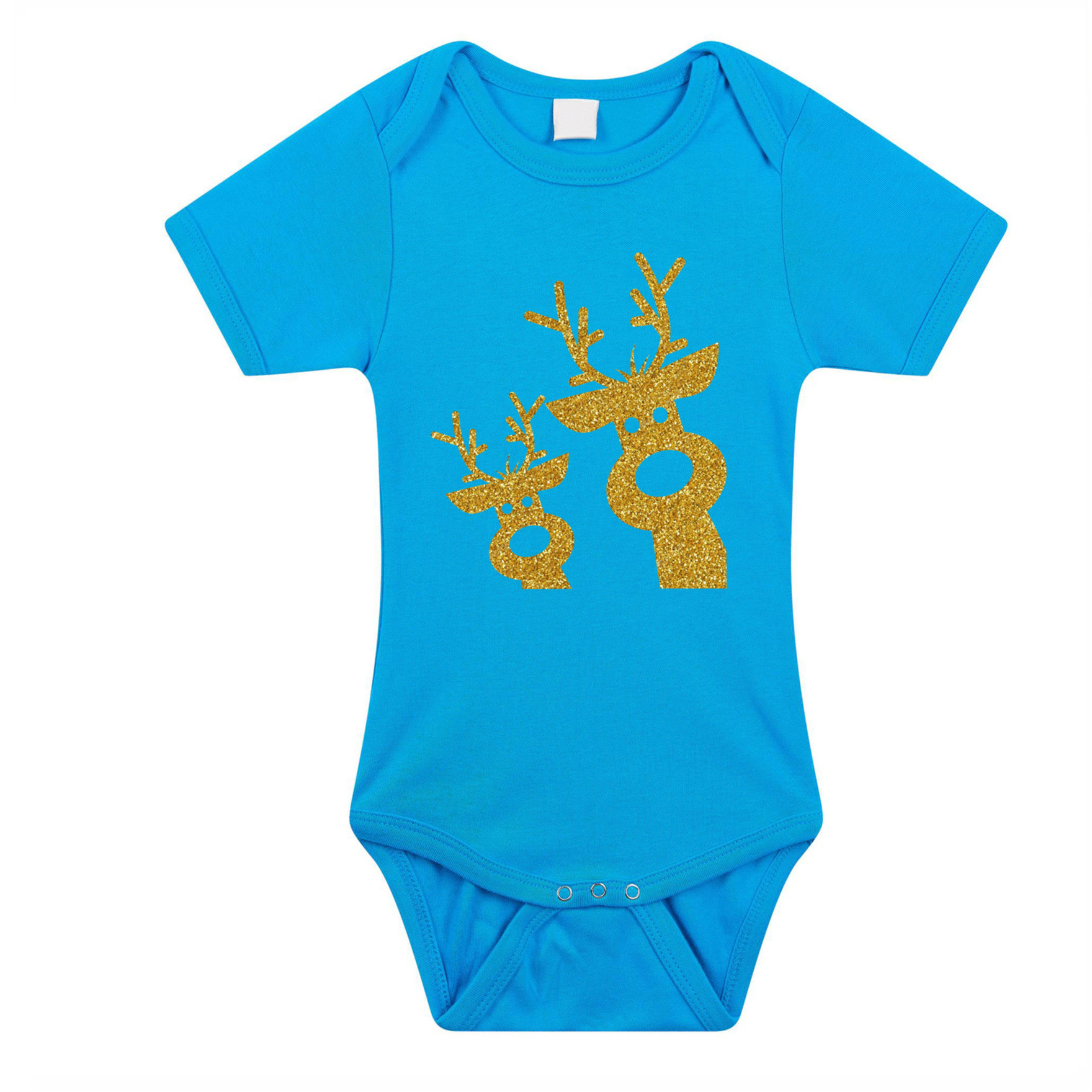 Kerst baby rompertje - blauw - glitter goud - rendier - Kerst cadeau 80 (9-12 maanden) -