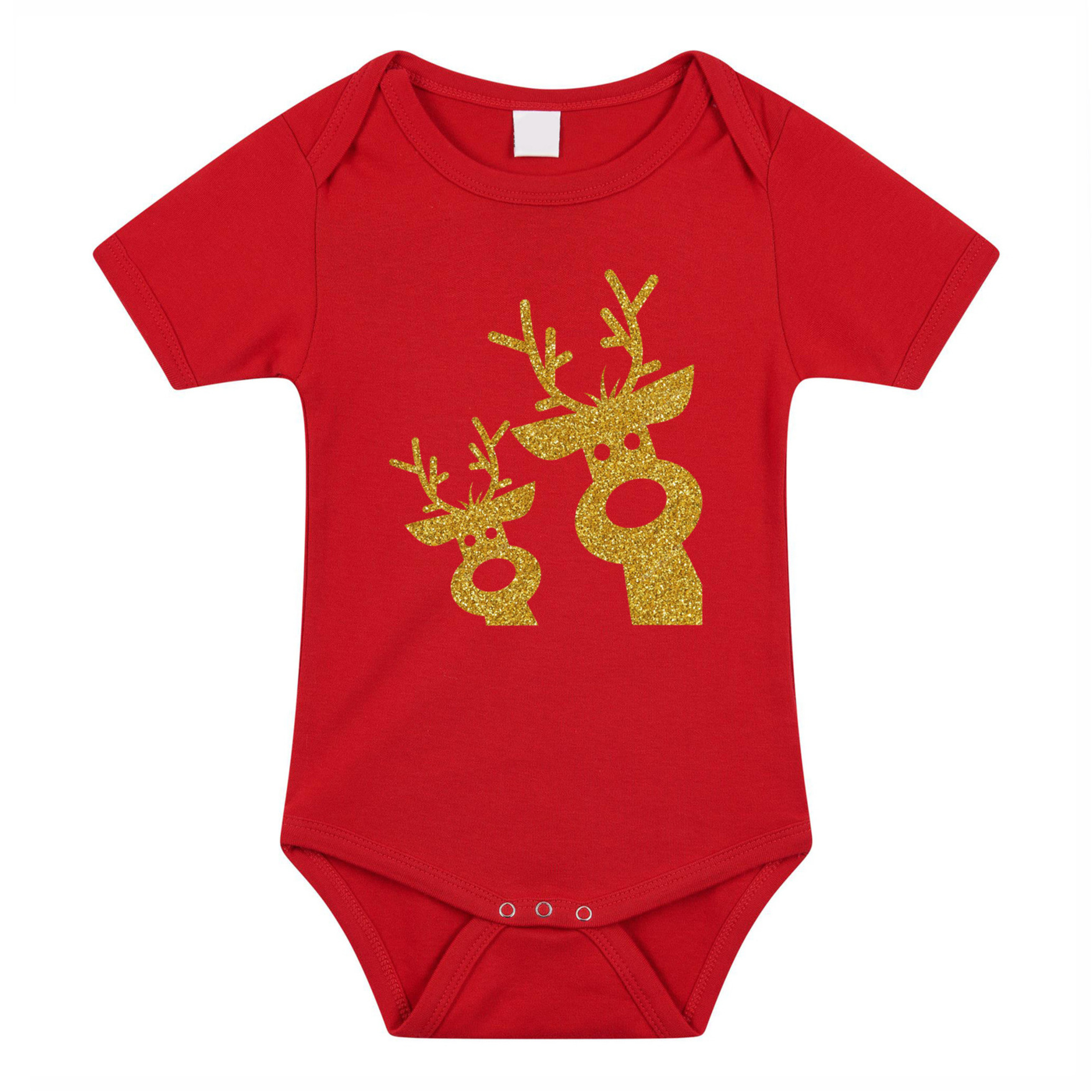 Kerst baby rompertje - rood - glitter goud - rendier - Kerst cadeau 80 (9-12 maanden) -