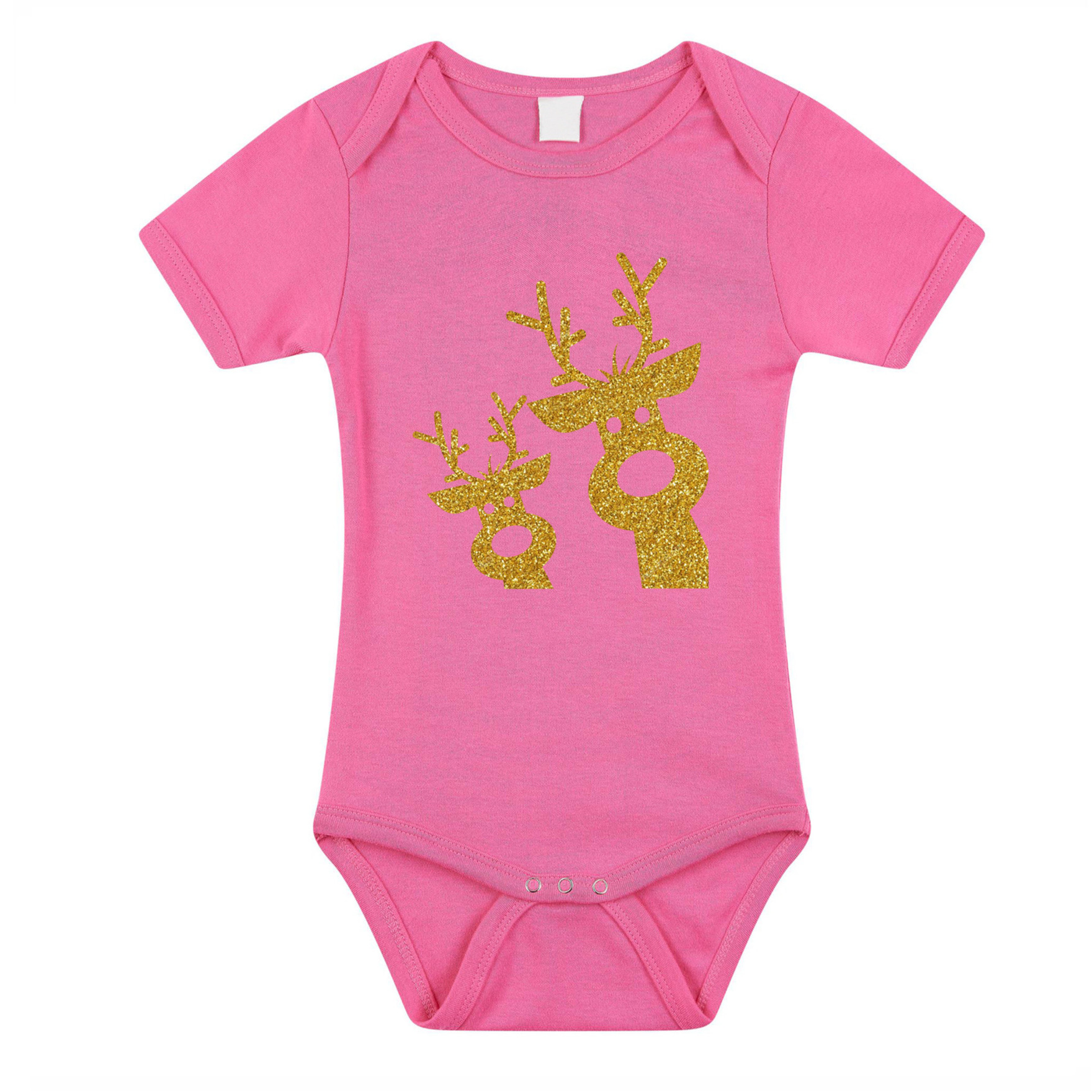 Kerst baby rompertje - roze - glitter goud - rendier - Kerst cadeau 68 (4-6 maanden) -