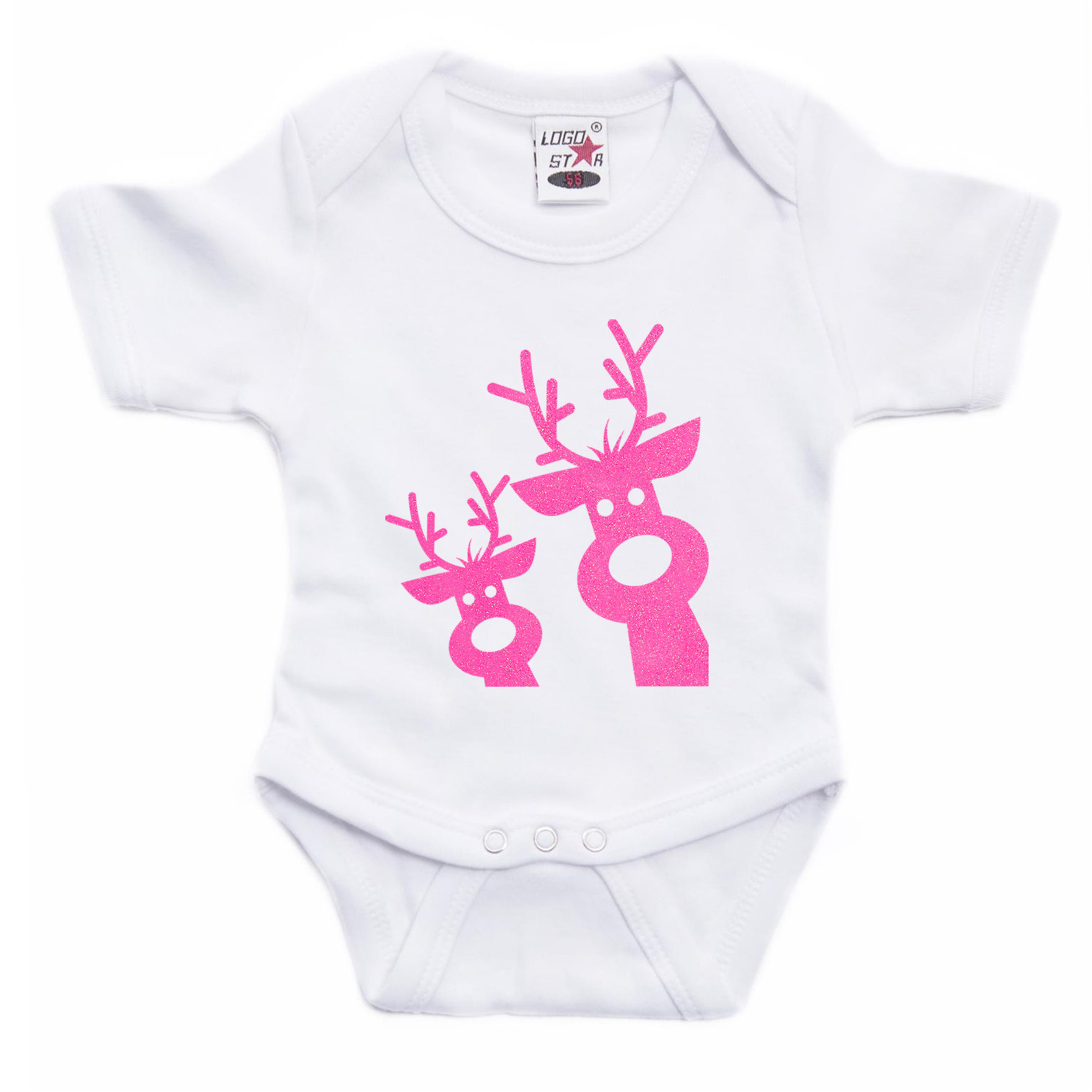 Kerst baby rompertje - wit - glitter roze - rendier - Kerst cadeau 80 (9-12 maanden) -