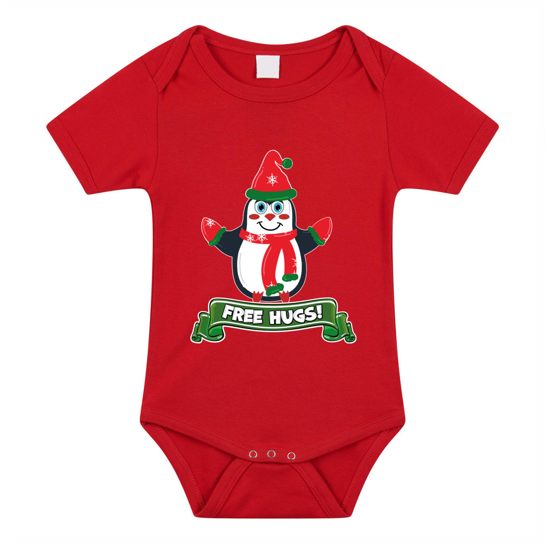 Kerst baby rompertje - rood - pinguin - free hugs - Kerst cadeau 80 (9-12 maanden) -