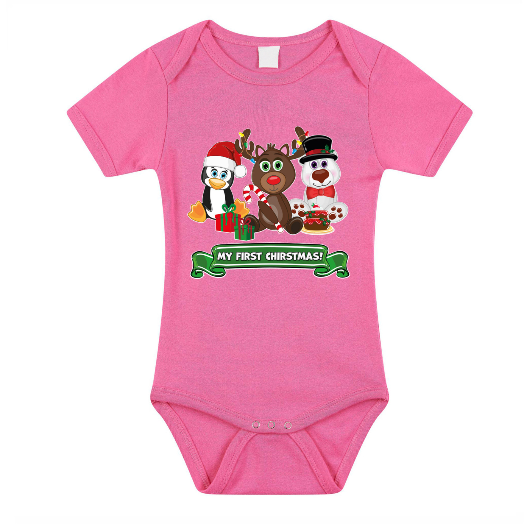 Kerst baby rompertje - roze - diertjes - my first Christmas - Kerst cadeau 56 (1-2 maanden) -