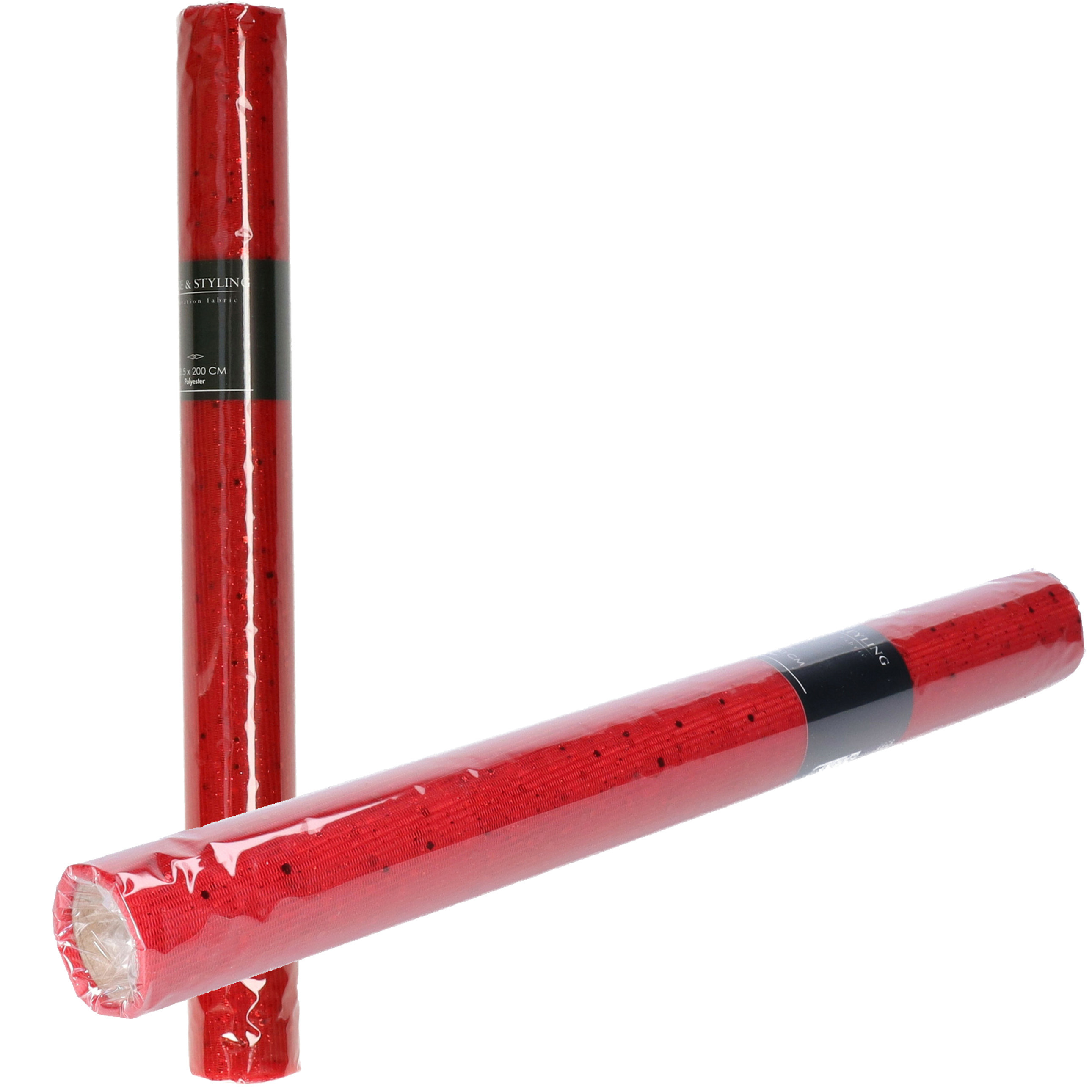 Decoratie stof/tafellopers - 2x - rood - pailletten - 38,5 x 200 cm -