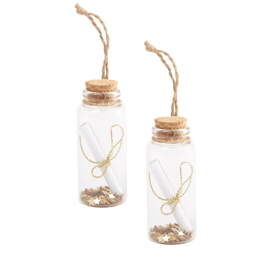Kerstornamenten flessenpost - 2x st - 7,4 x 3 cm - perkament - flesjes - kersthangers -