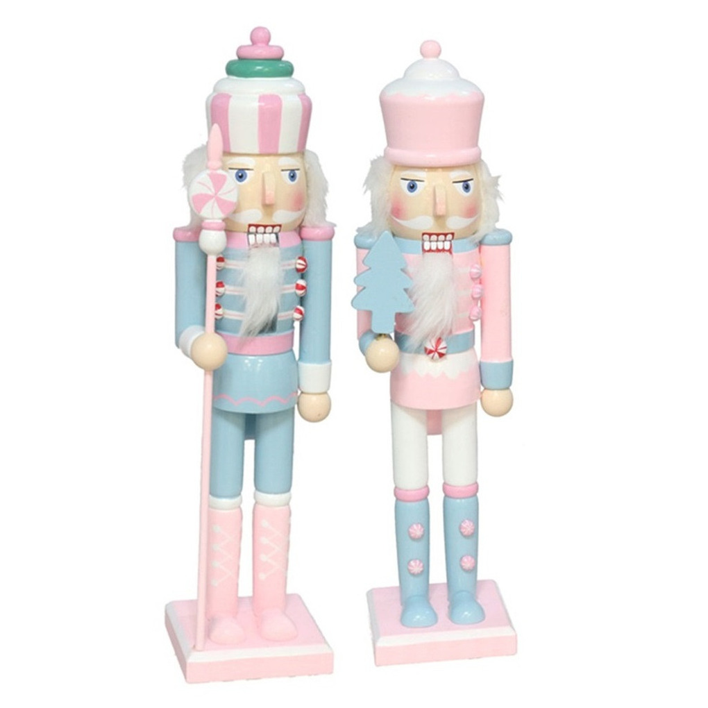 Notenkraker beeldjes - 2x st - pastel - 38 cm - hout - kerst decoratie figuren/beelden -