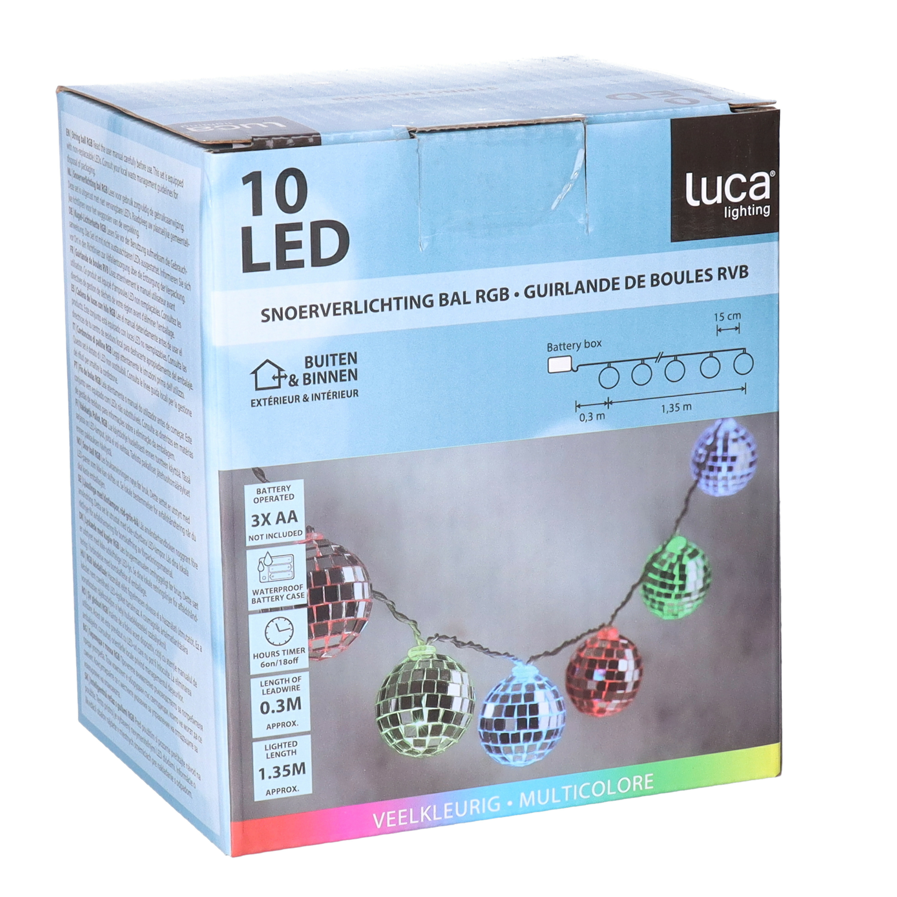 LED discobollen lichtsnoer - 10 led bolletjes -gekleurd - 150 cm - disco - spiegelbollen -