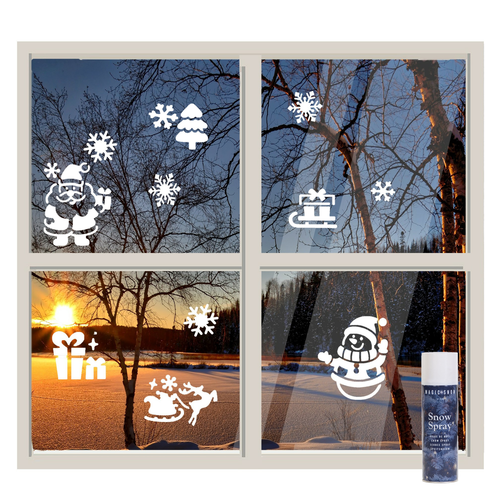 Kerst raamsjablonen - 2x velletje van 47,5 x 24,5 cm - incl. sneeuwspray - raamversiering -