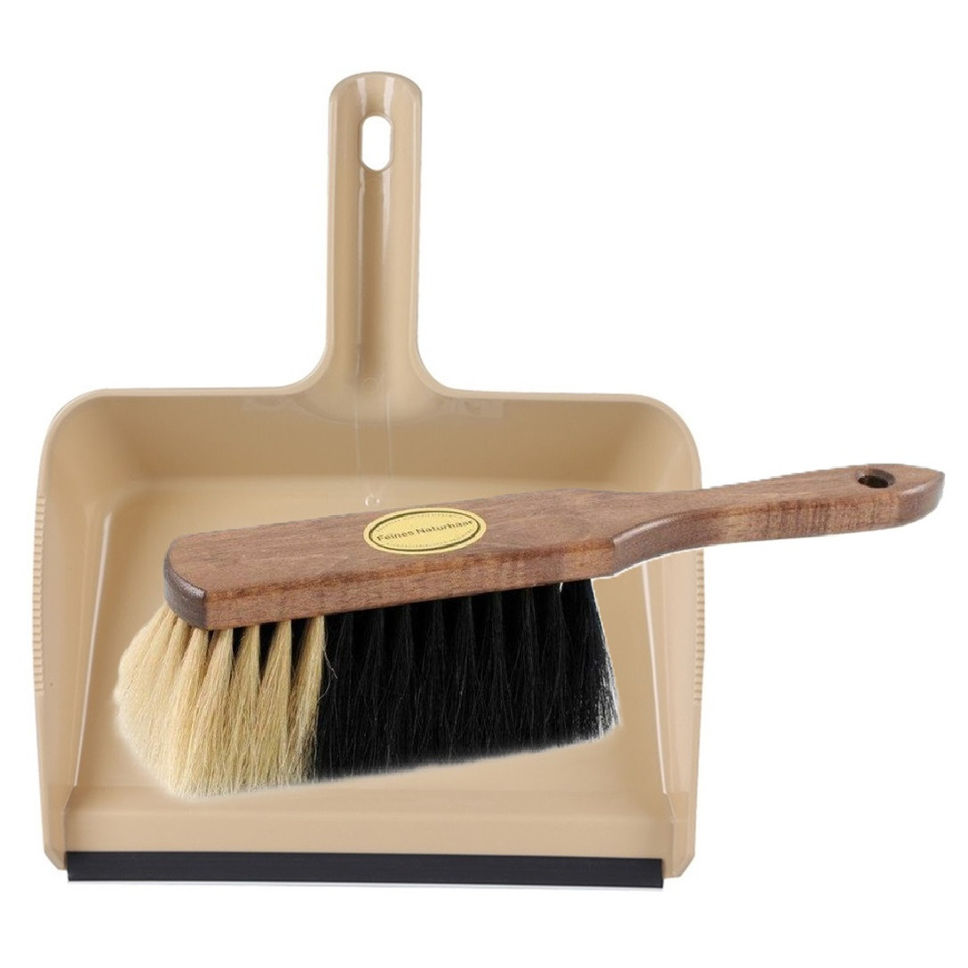 Stoffer en blik set Freya - blik kunststof - beige - 38 x 30 cm - borstel hout/paardenhaar 29 cm -